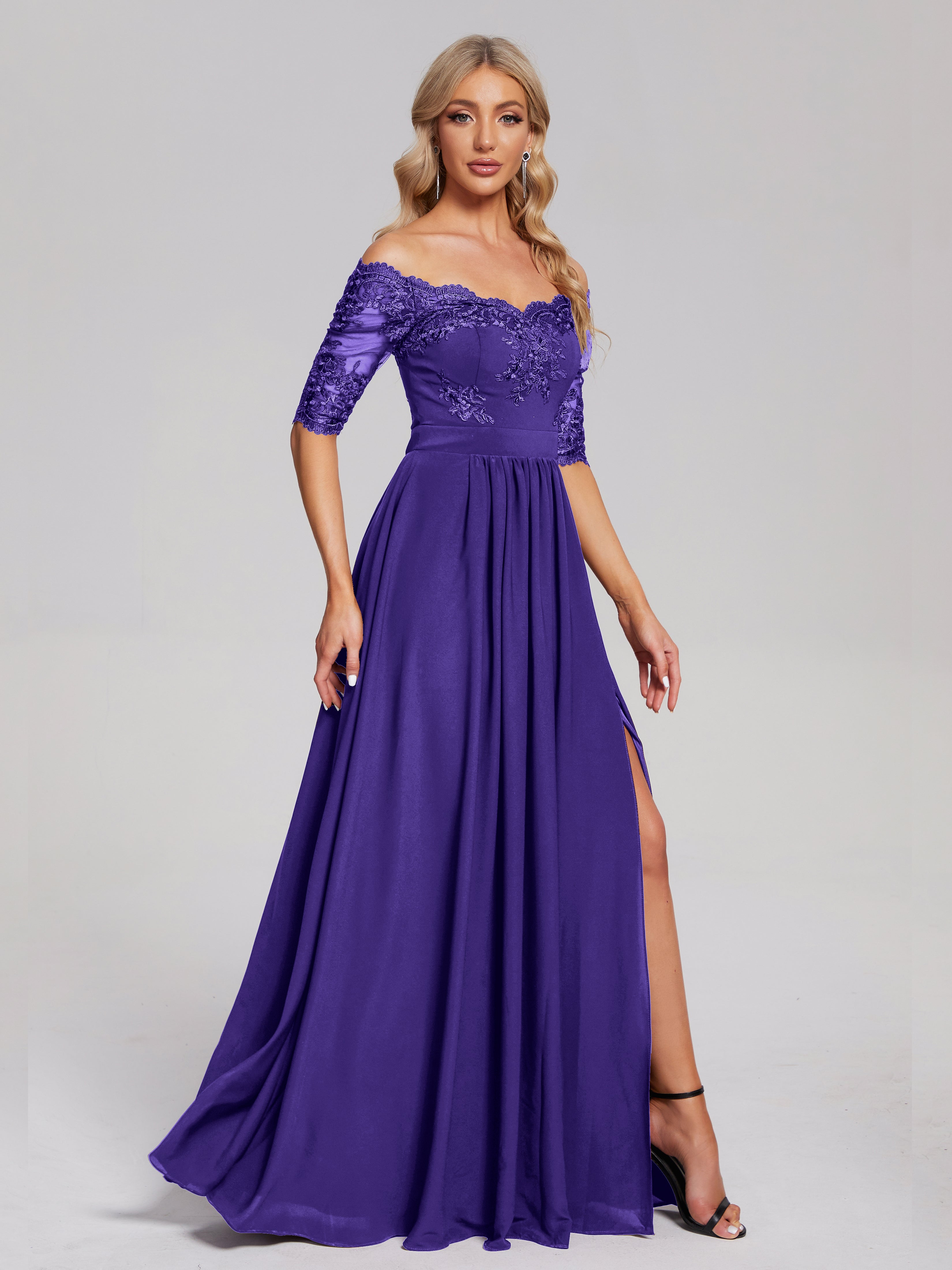 Robes De Demoiselle D'Honneur En Régence Hors-La-Épaule Demi Manches Dentelle/Mousseline