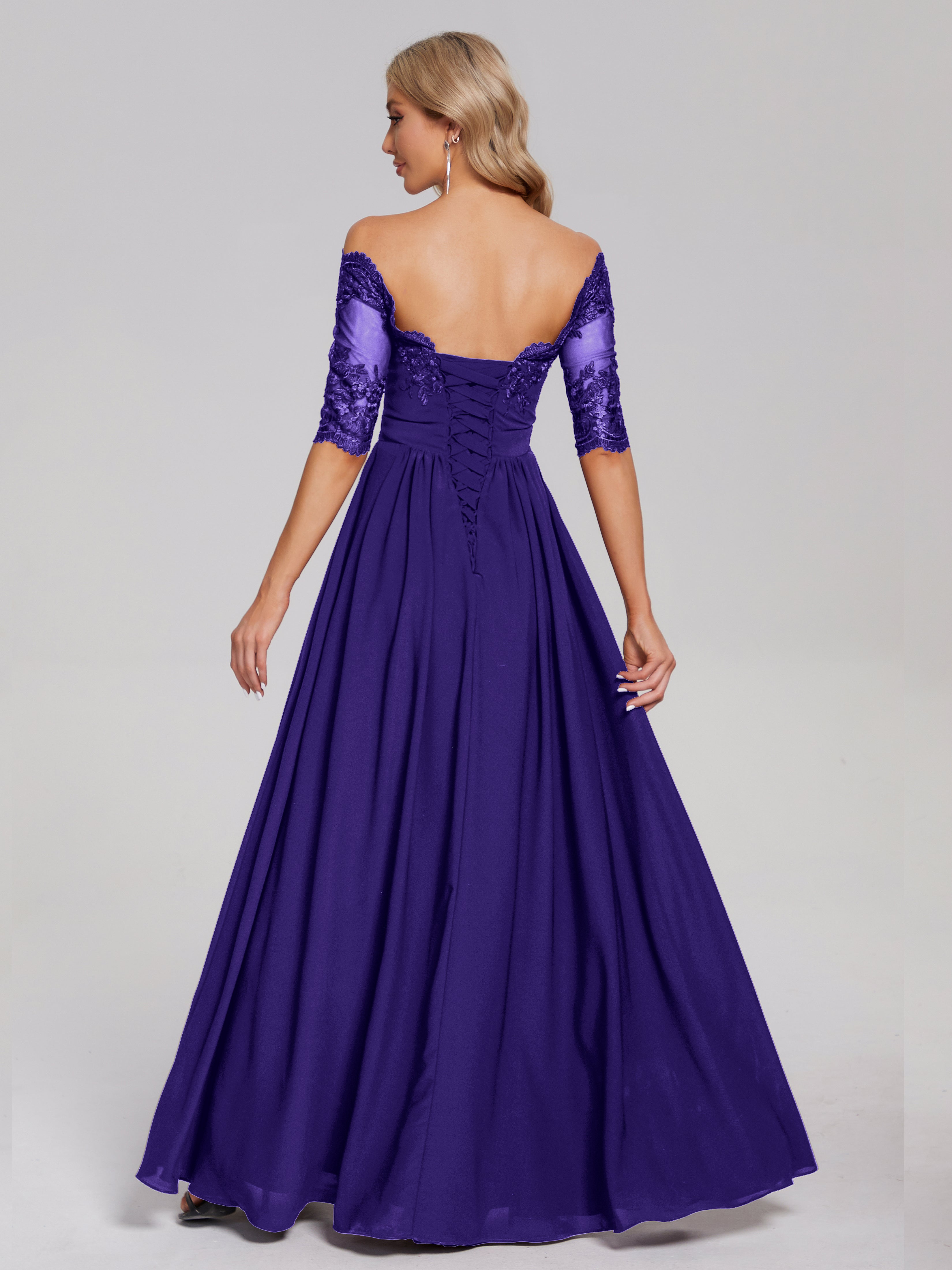 Robes De Demoiselle D'Honneur En Régence Hors-La-Épaule Demi Manches Dentelle/Mousseline