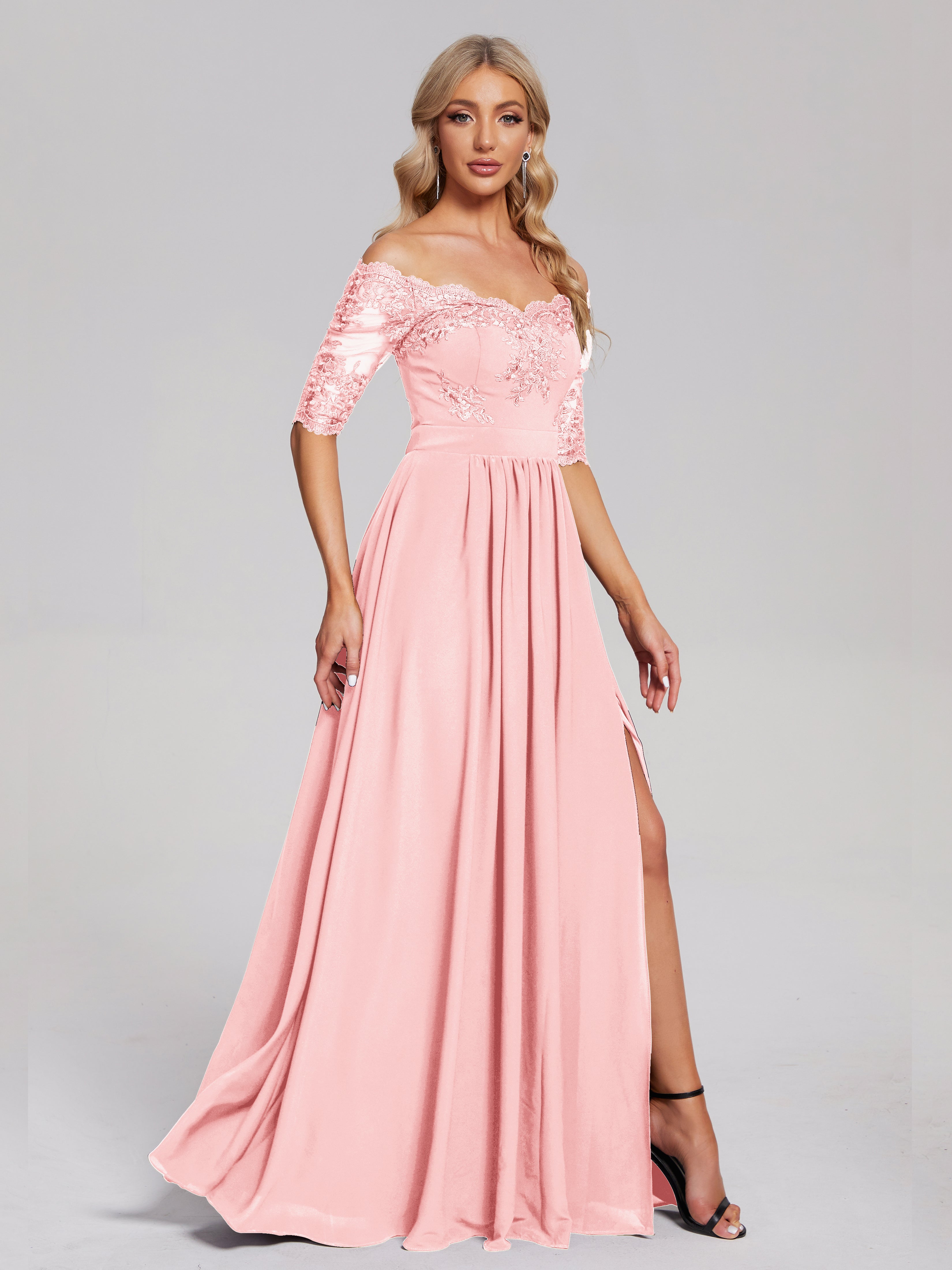 Robes De Demoiselle D'Honneur Roses Longues Hors-La-Épaule Demi Manches Dentelle/Mousseline Robes Demoiselle D'Honneur
