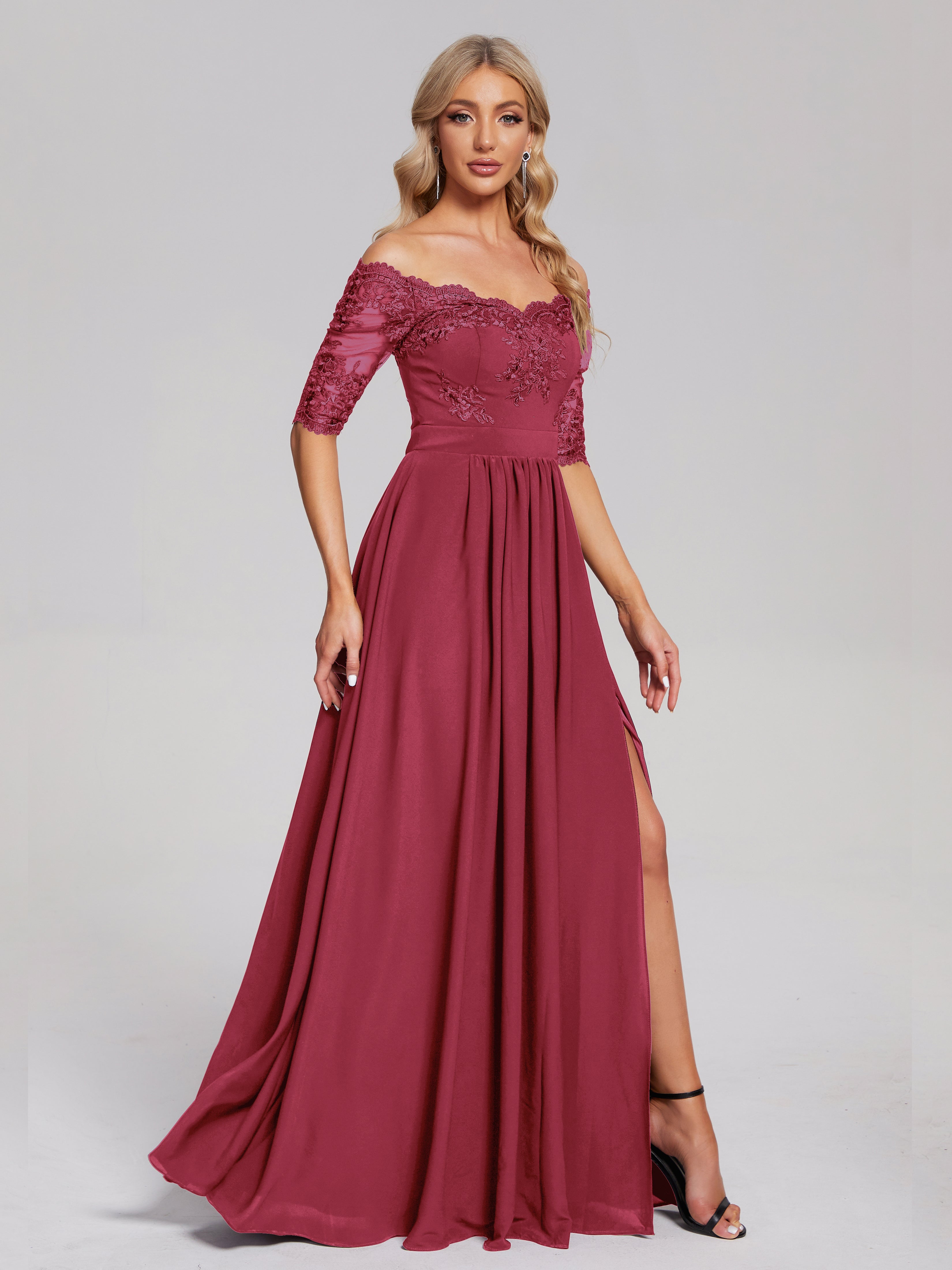 Robe Demoiselle D Honneur Rose Cannelle Hors-La-Épaule Demi Manches Dentelle/Mousseline Robes Demoiselle D'Honneur