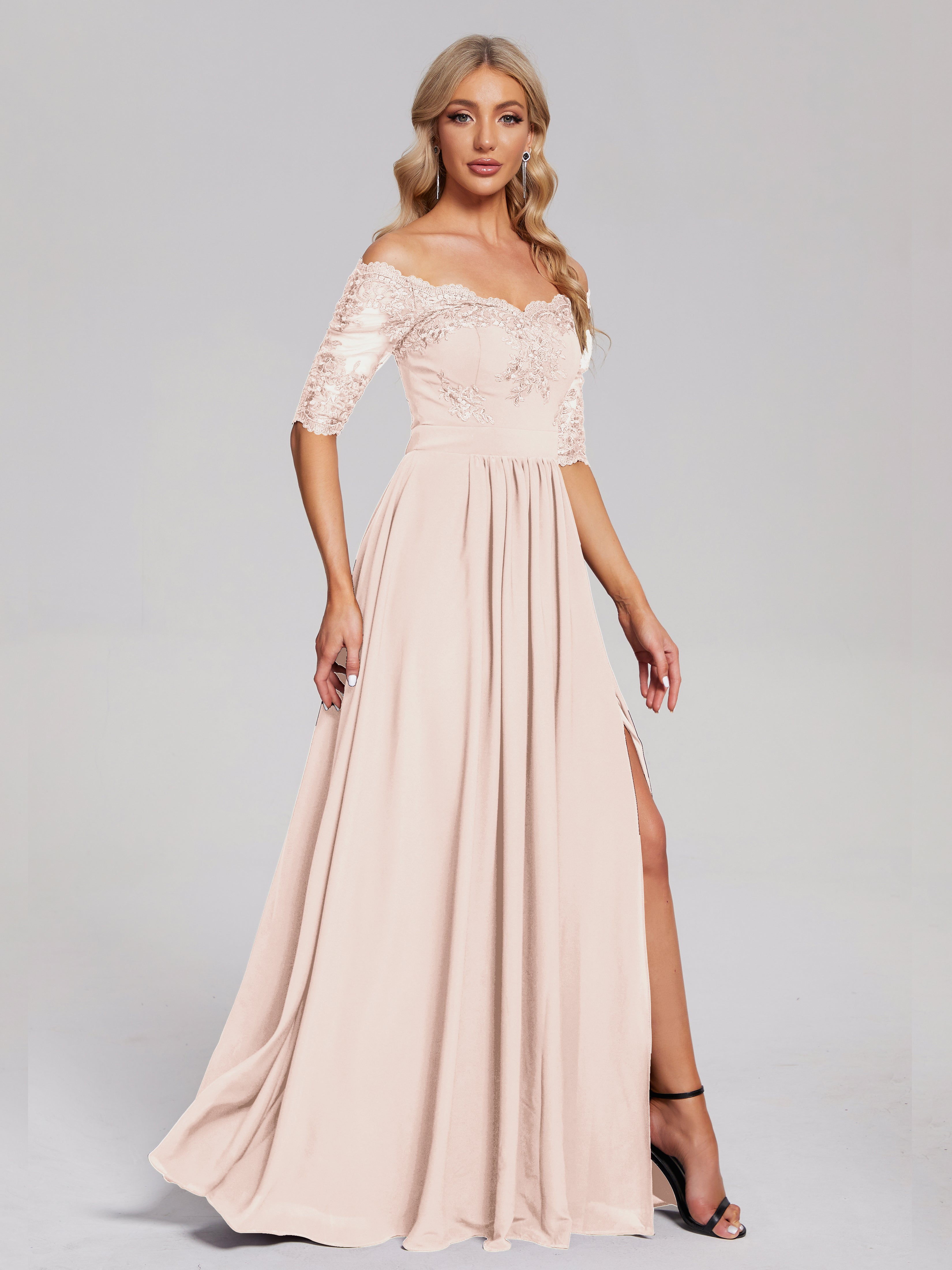 Robe De Demoiselle D'Honneur En Perles Hors-La-Épaule Demi Manches Dentelle/Mousseline