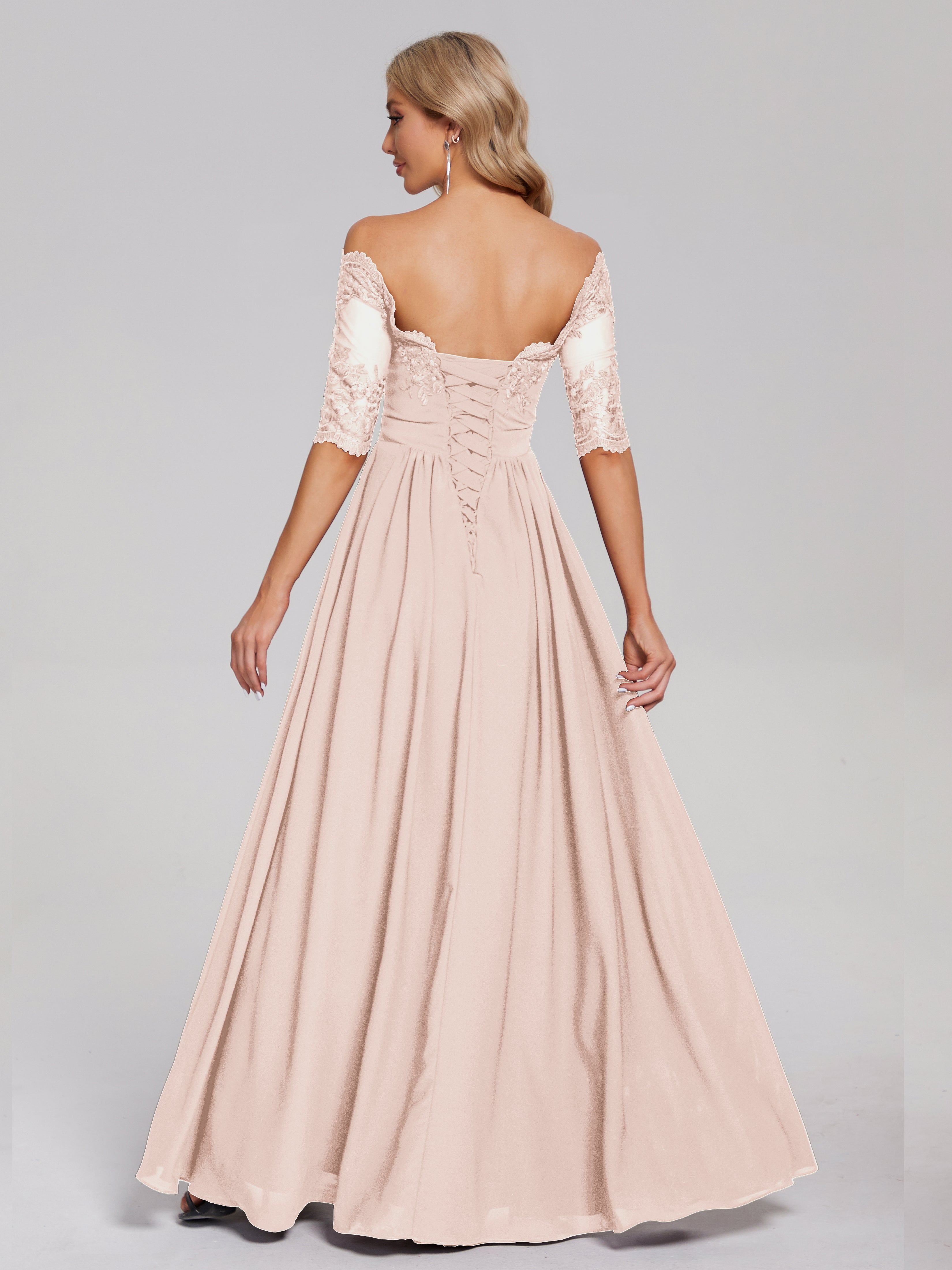 Robe De Demoiselle D'Honneur En Perles Hors-La-Épaule Demi Manches Dentelle/Mousseline