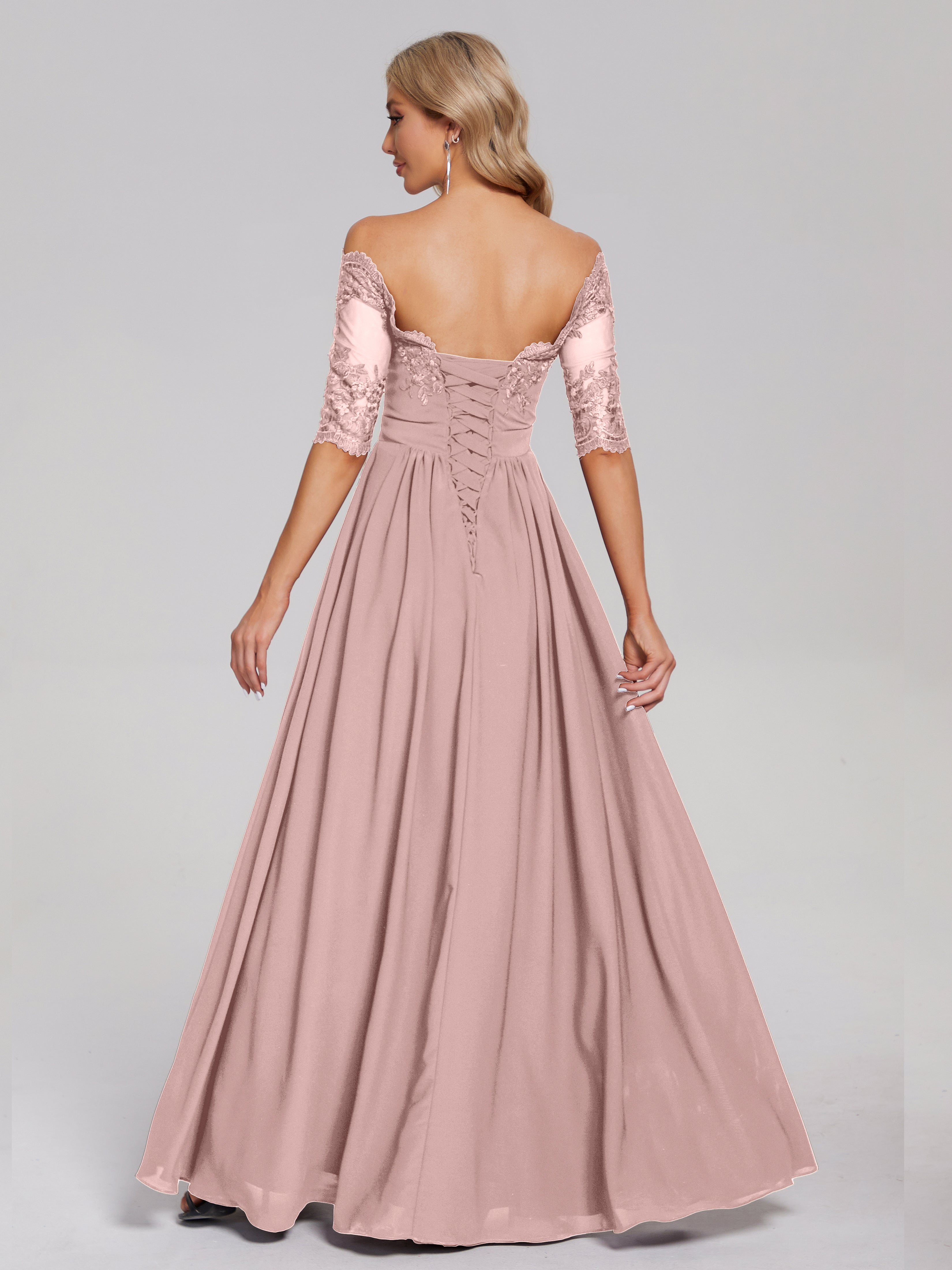 Robe De Demoiselle D Honneur Rose Poudrée Hors-La-Épaule Demi Manches Dentelle/Mousseline