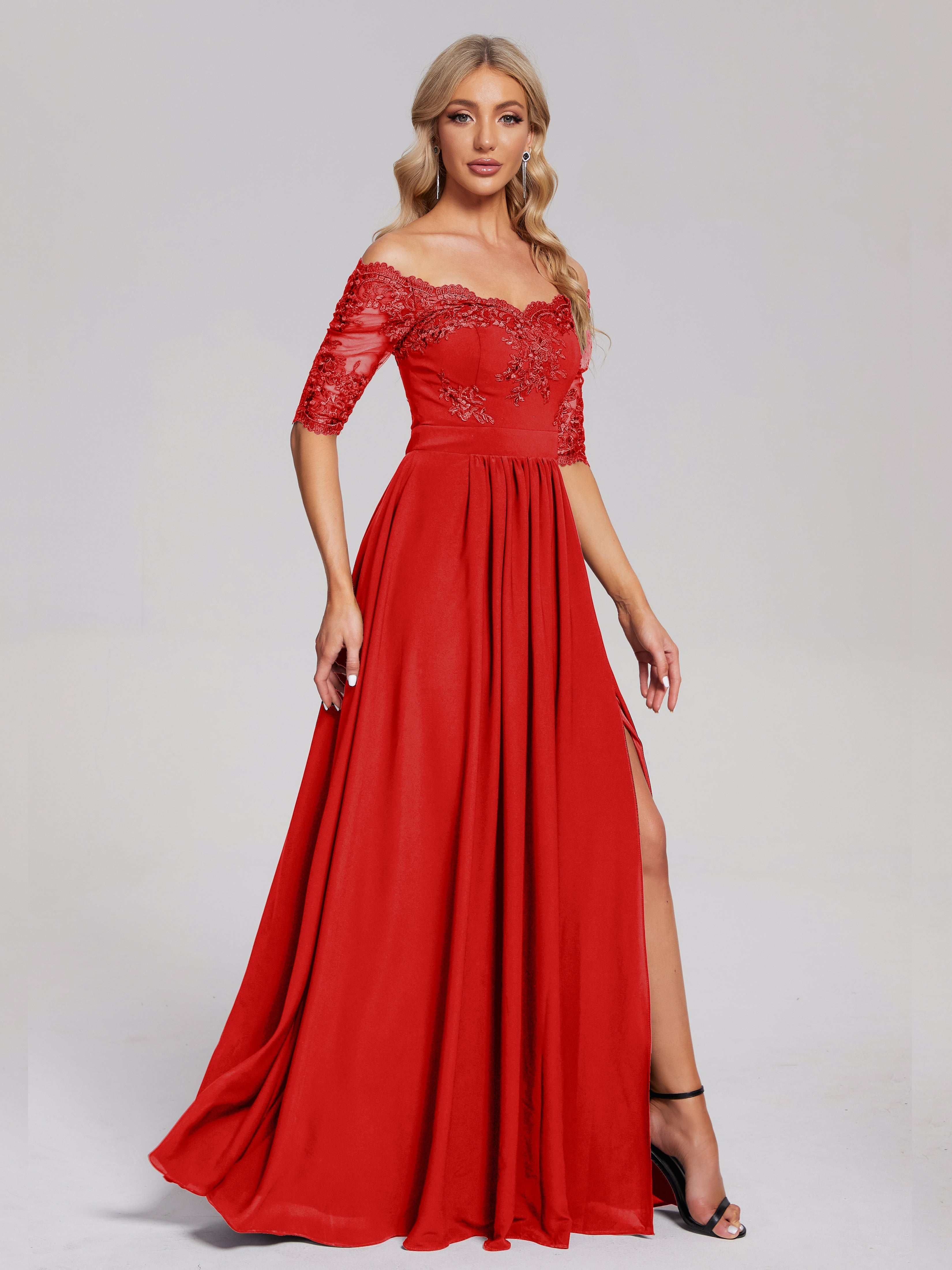 Robe De Demoiselle D Honneur Rouge Hors-La-Épaule Demi Manches Dentelle/Mousseline