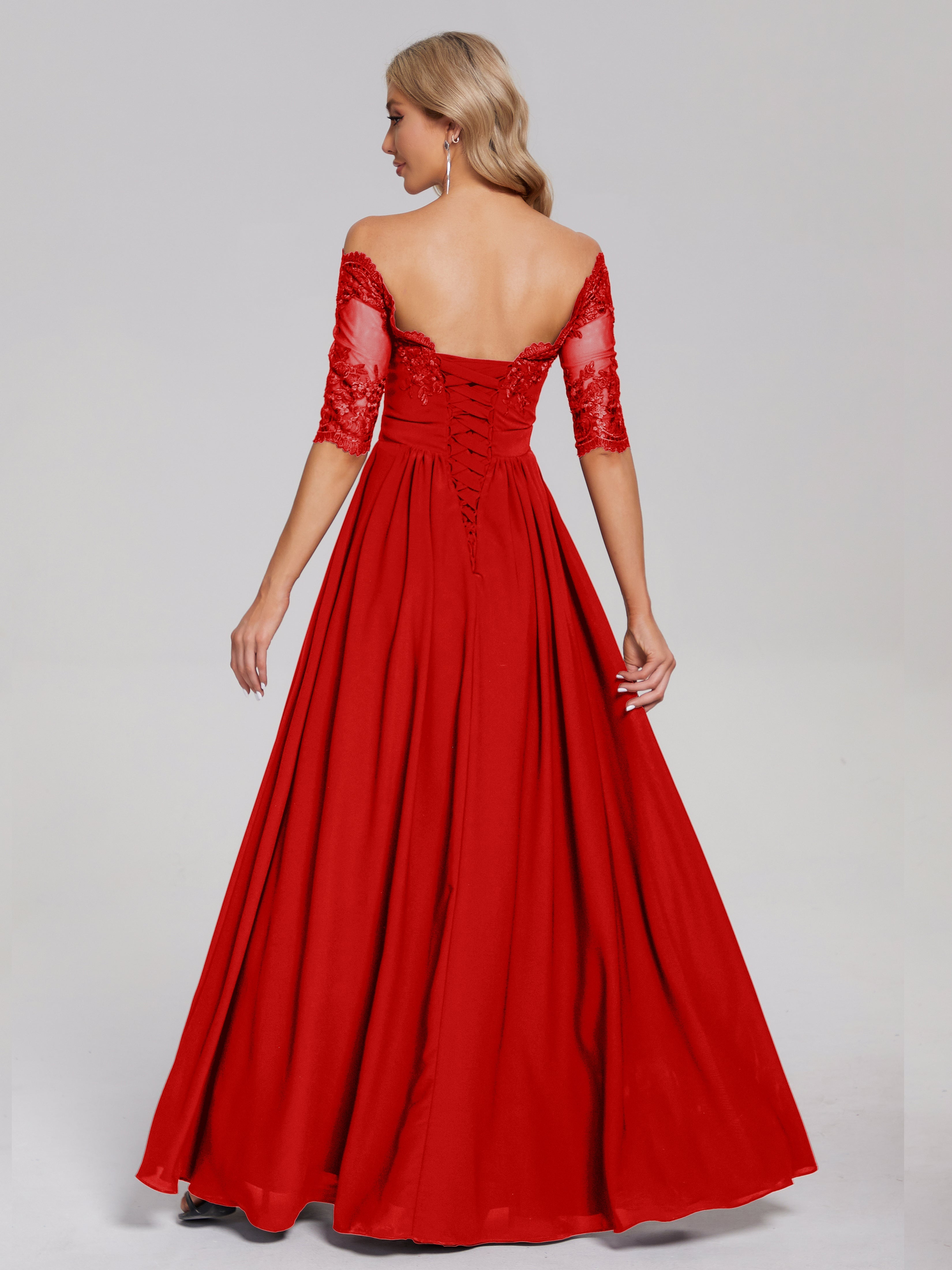 Robe De Demoiselle D Honneur Rouge Hors-La-Épaule Demi Manches Dentelle/Mousseline