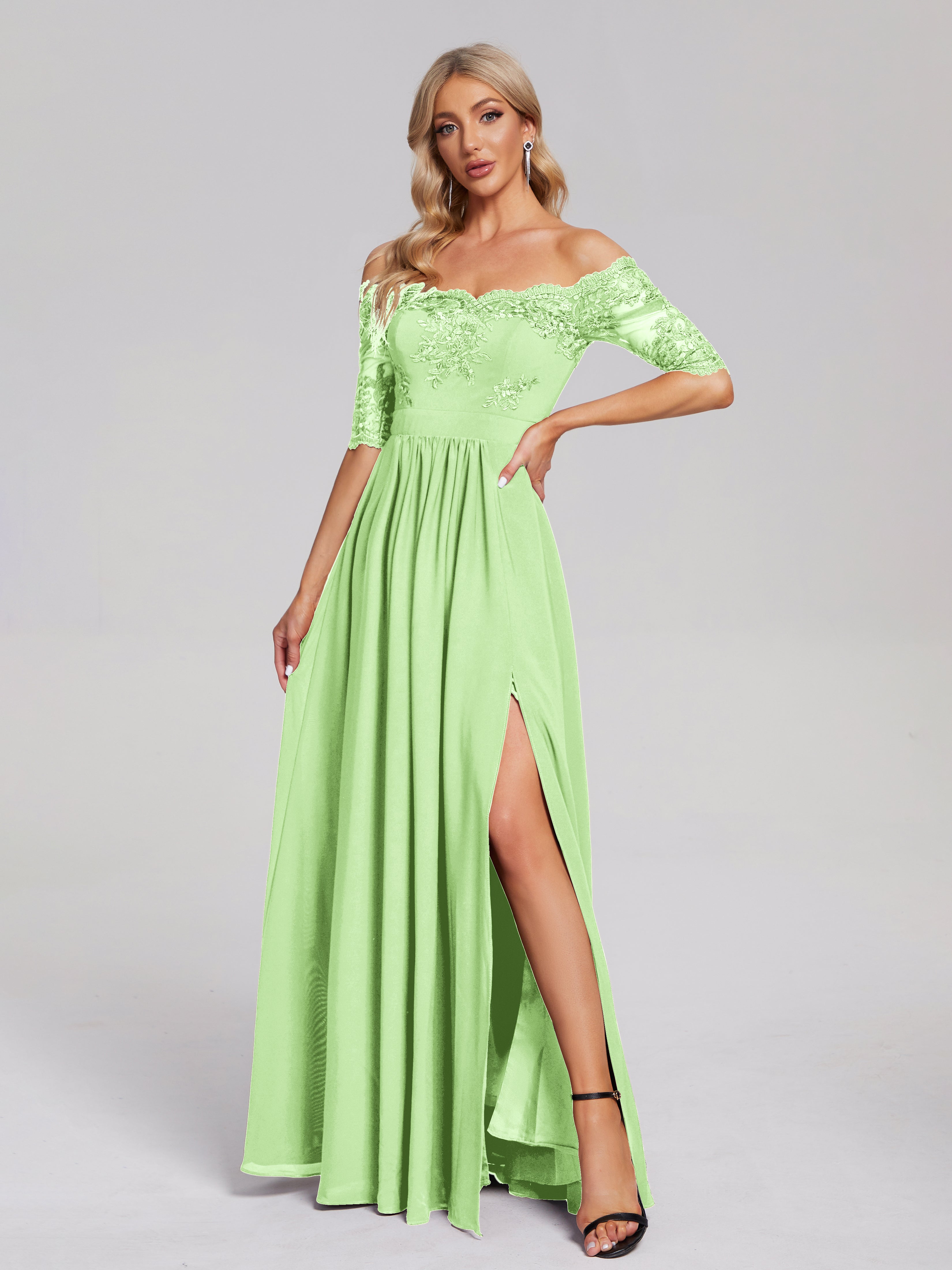 Robe De Demoiselle D Honneur Vert Sauge Hors-La-Épaule Demi Manches Dentelle/Mousseline