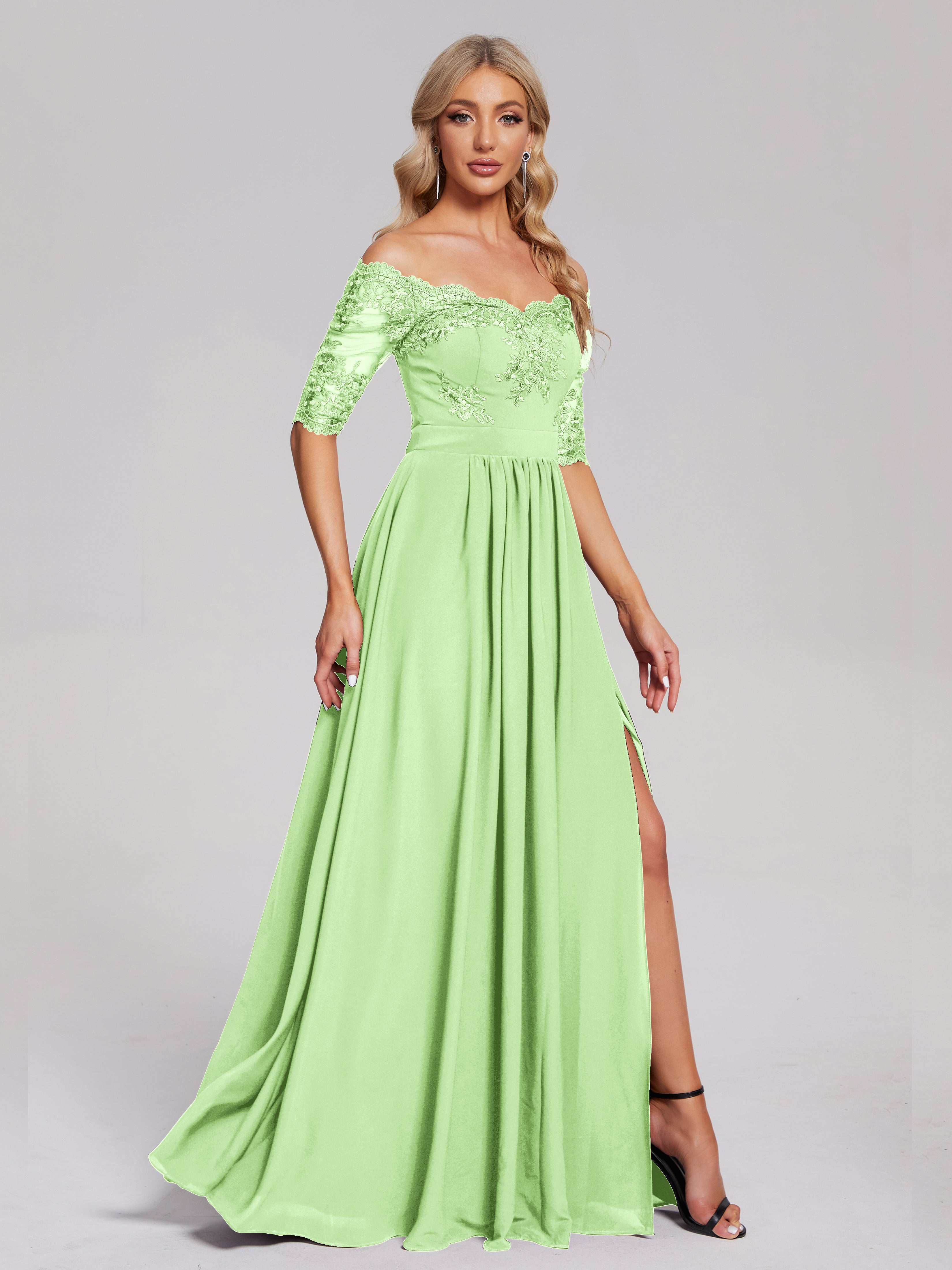 Robe De Demoiselle D Honneur Vert Sauge Hors-La-Épaule Demi Manches Dentelle/Mousseline