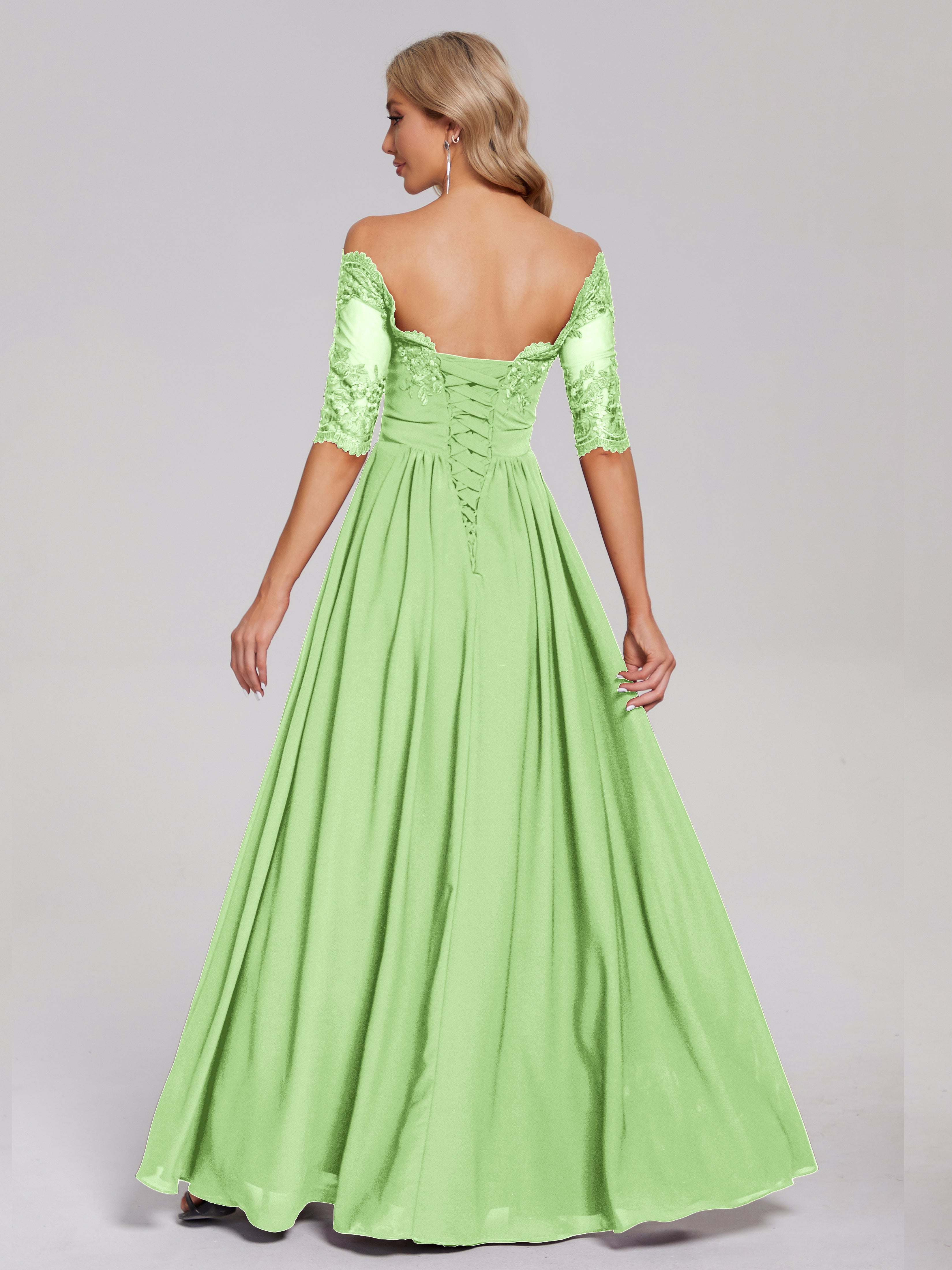 Robe De Demoiselle D Honneur Vert Sauge Hors-La-Épaule Demi Manches Dentelle/Mousseline