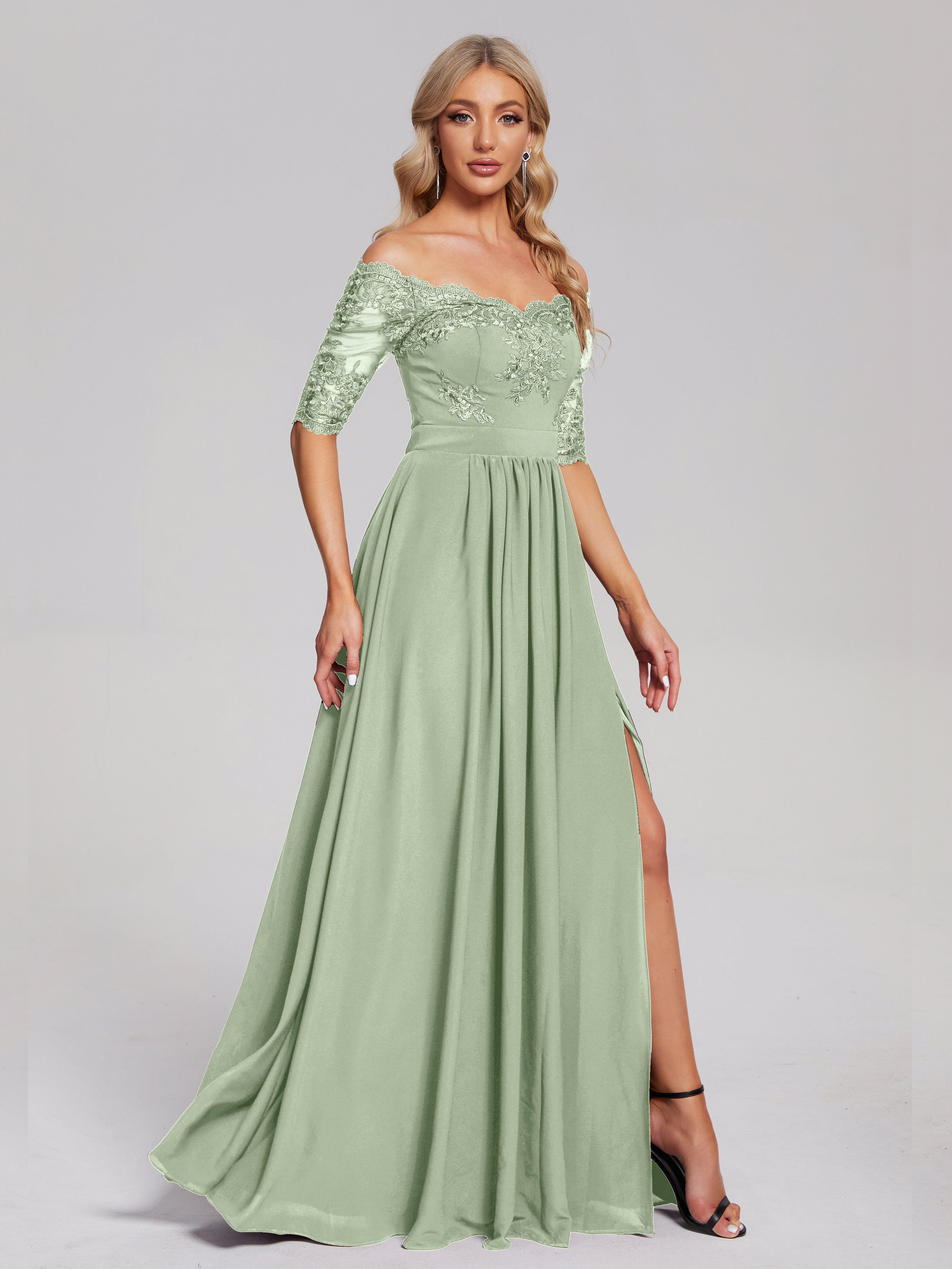 Robes De Demoiselle D'Honneur De Sauge Poussiéreuse Hors-La-Épaule Demi Manches Dentelle/Mousseline