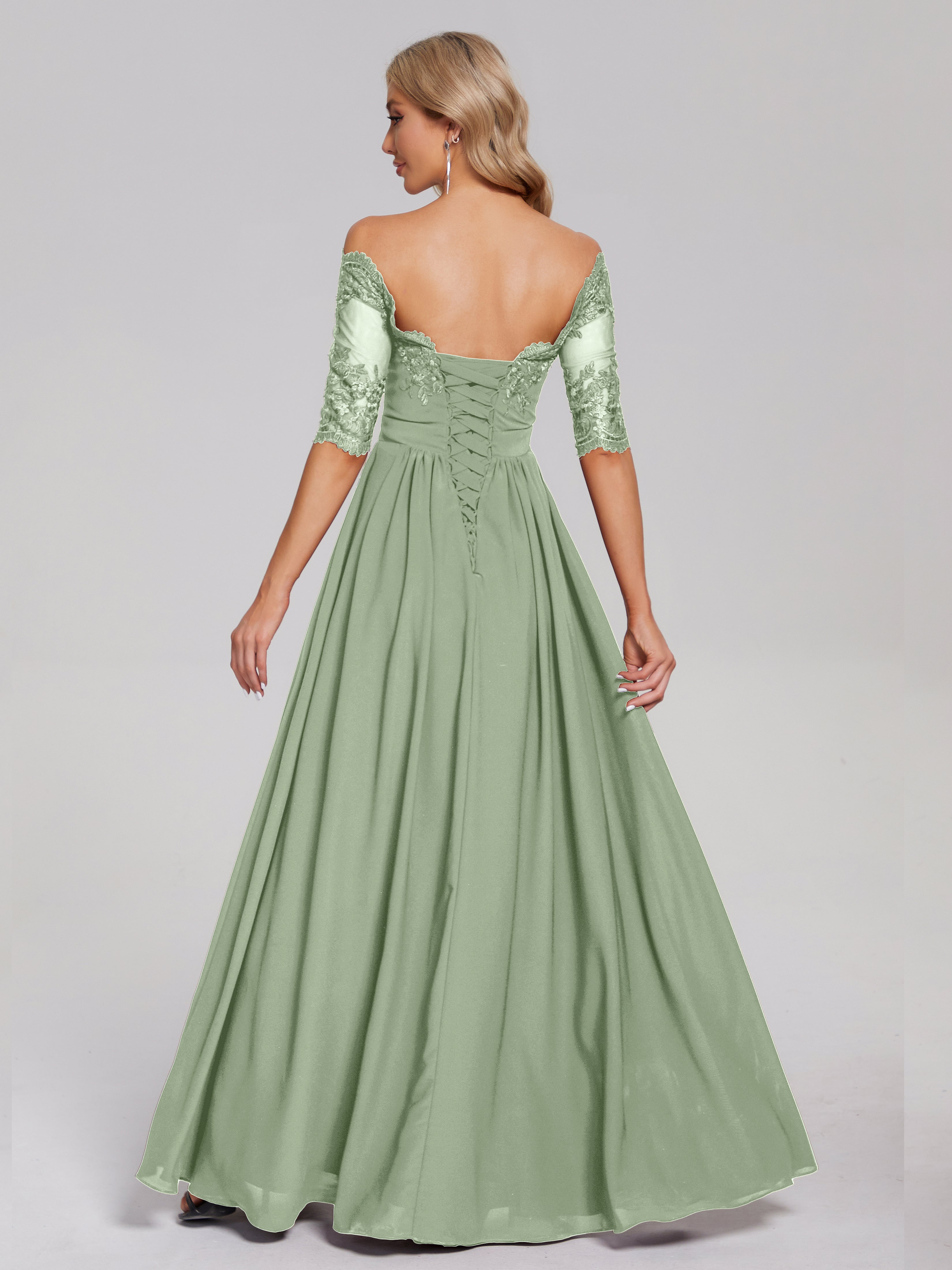 Robes De Demoiselle D'Honneur De Sauge Poussiéreuse Hors-La-Épaule Demi Manches Dentelle/Mousseline