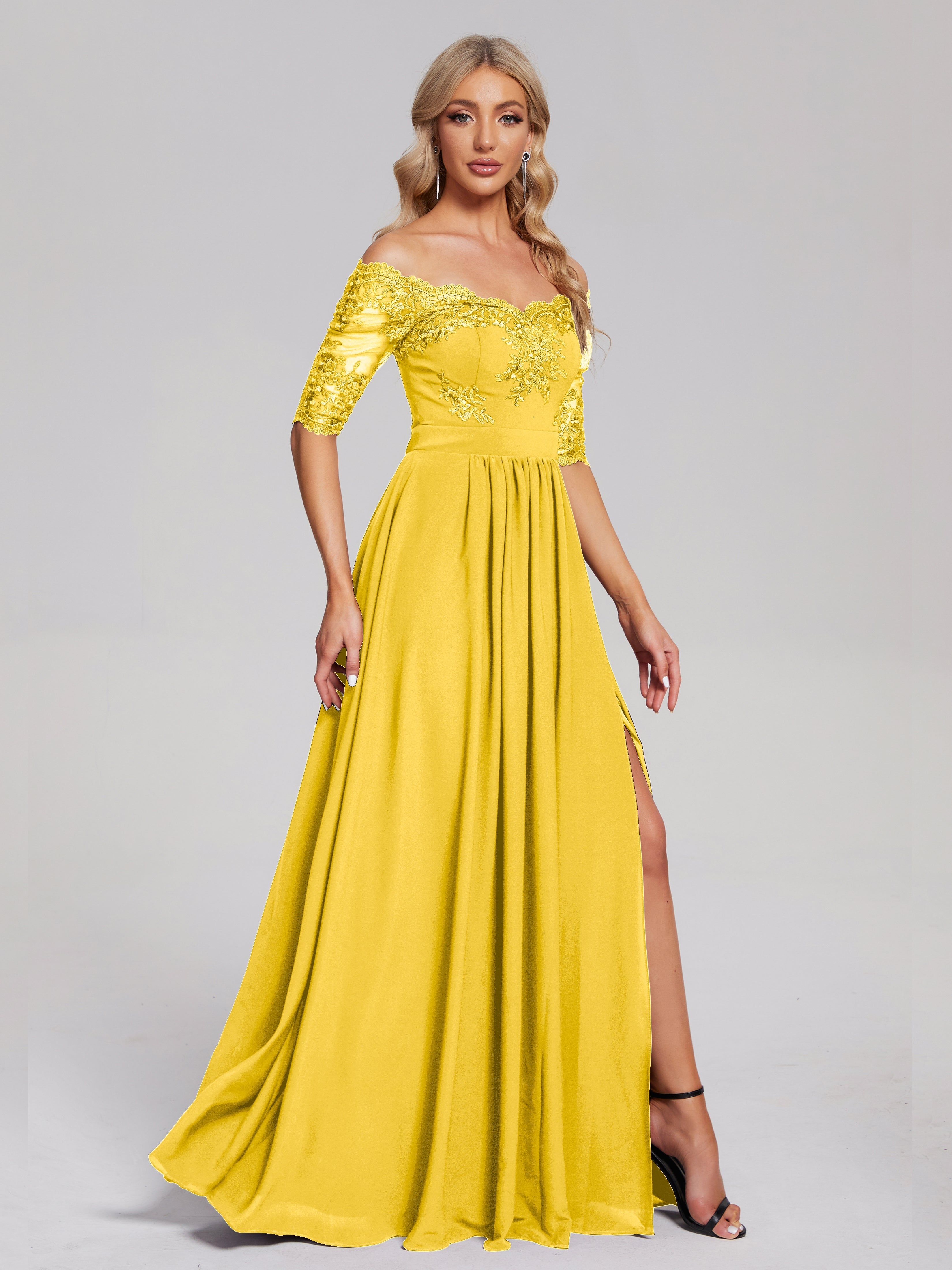 Robe De Demoiselle D'Honneur Souci Hors-La-Épaule Demi Manches Dentelle/Mousseline