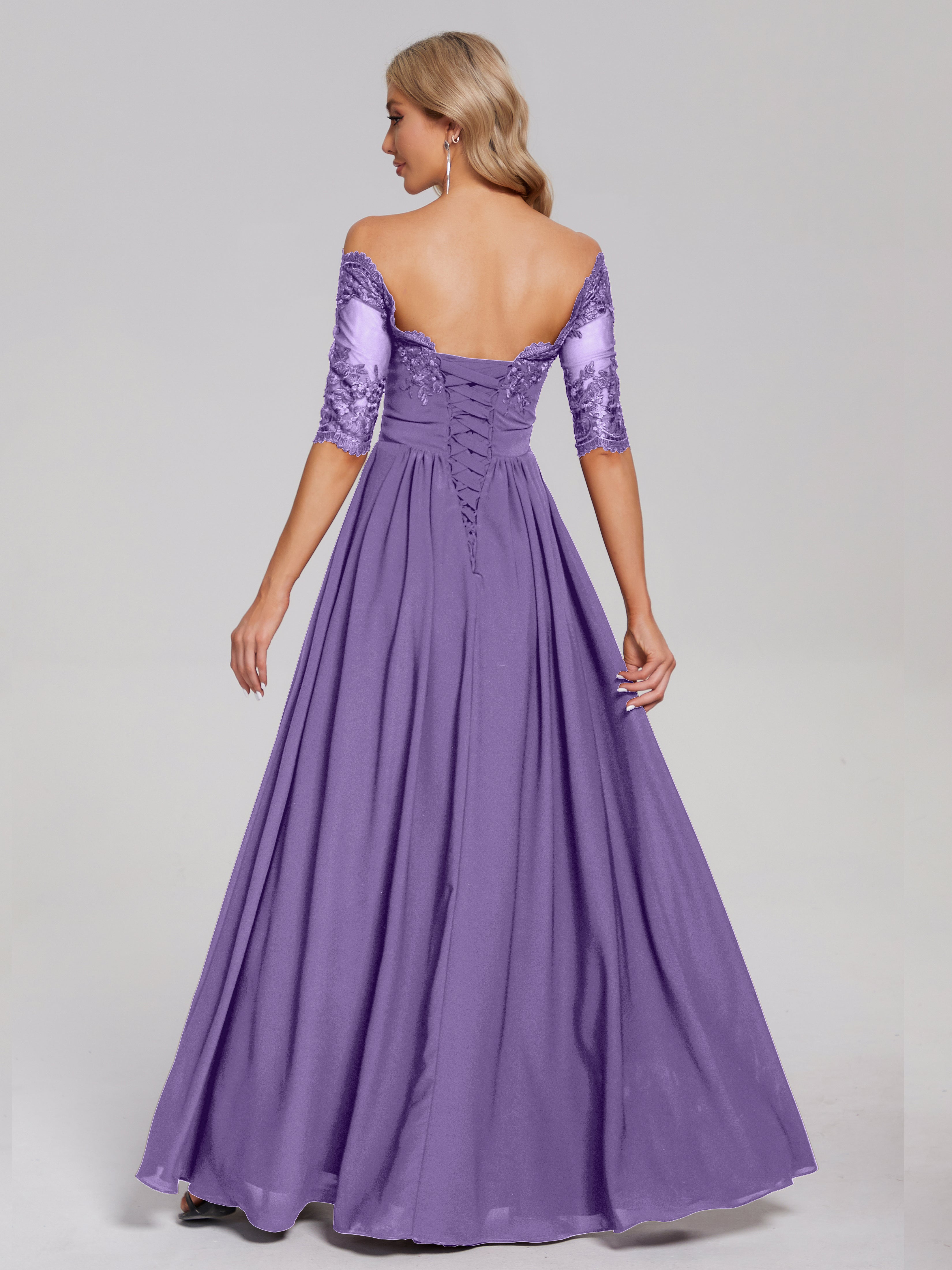 Robes De Demoiselle D'Honneur Tahiti Hors-La-Épaule Demi Manches Dentelle/Mousseline
