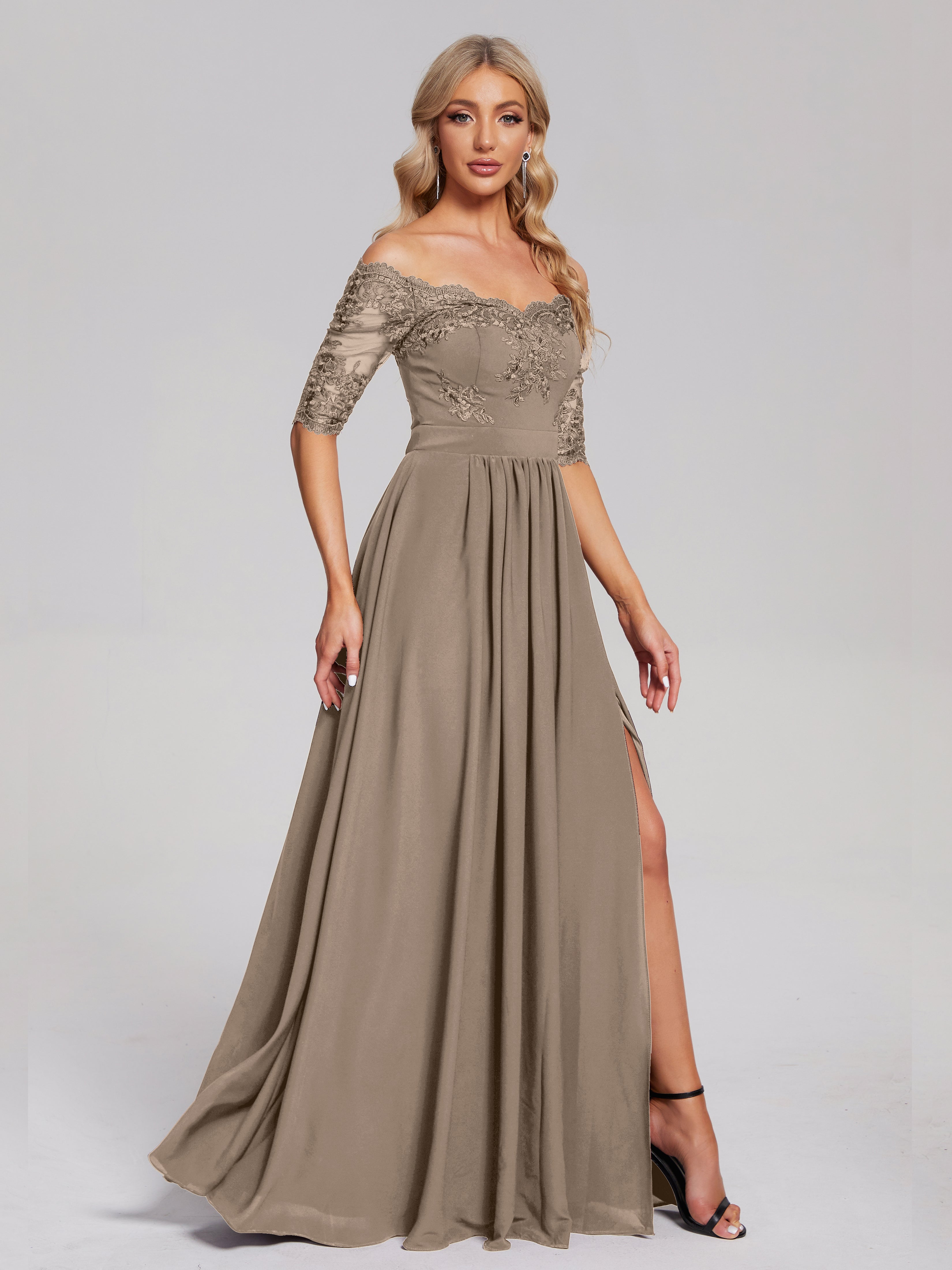 Robe Ceremonie Taupe Hors-La-Épaule Demi Manches Dentelle/Mousseline
