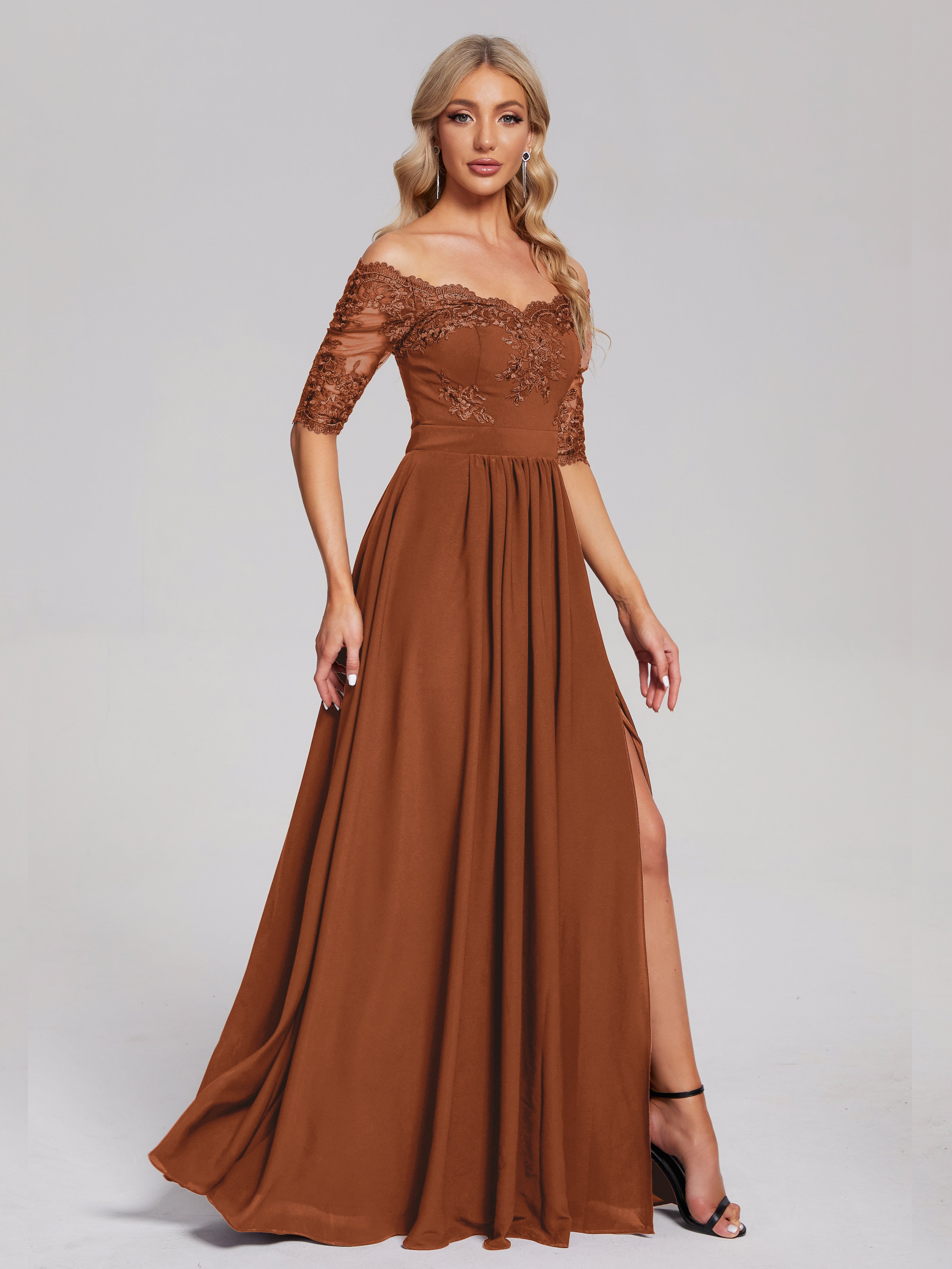 Rouille Robe Demoiselle D Honneur Terracotta Hors-La-Épaule Demi Manches Dentelle/Mousseline Robes Demoiselle D'Honneur