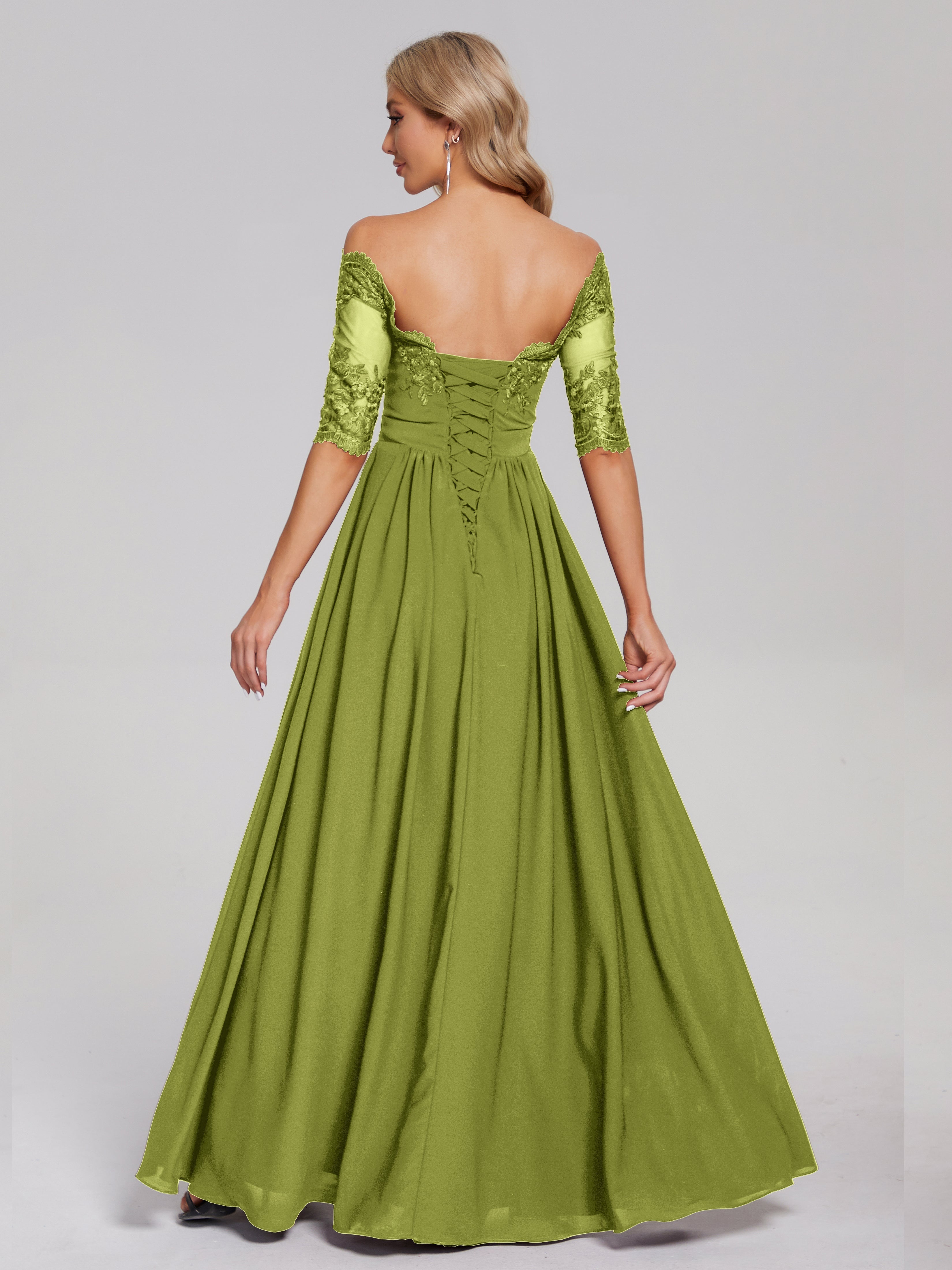 Robes De Demoiselle D'Honneur Trèfle Hors-La-Épaule Demi Manches Dentelle/Mousseline