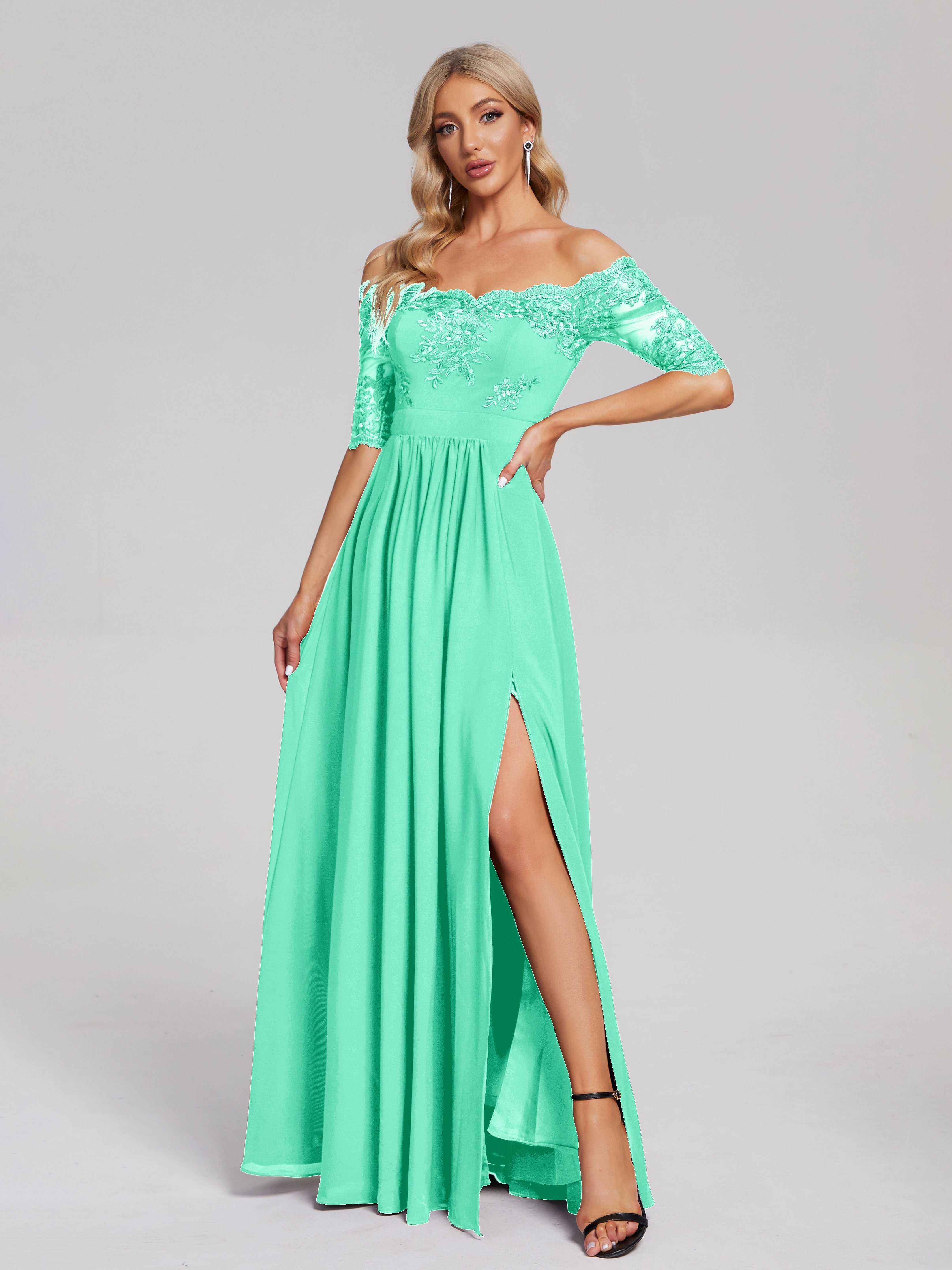 Robes De Demoiselle D'Honneur Bleu Turquoise Hors-La-Épaule Demi Manches Dentelle/Mousseline