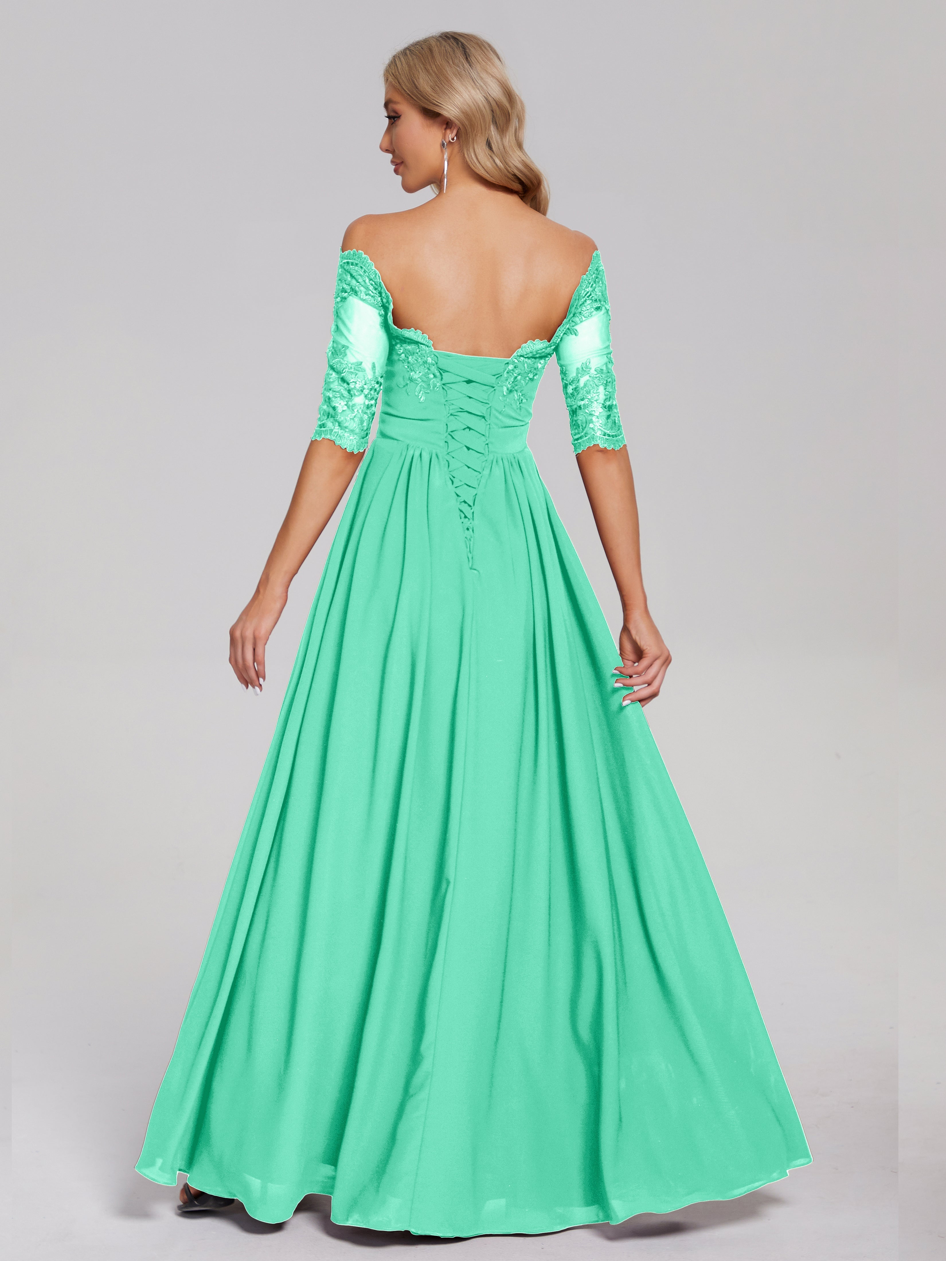Robes De Demoiselle D'Honneur Bleu Turquoise Hors-La-Épaule Demi Manches Dentelle/Mousseline