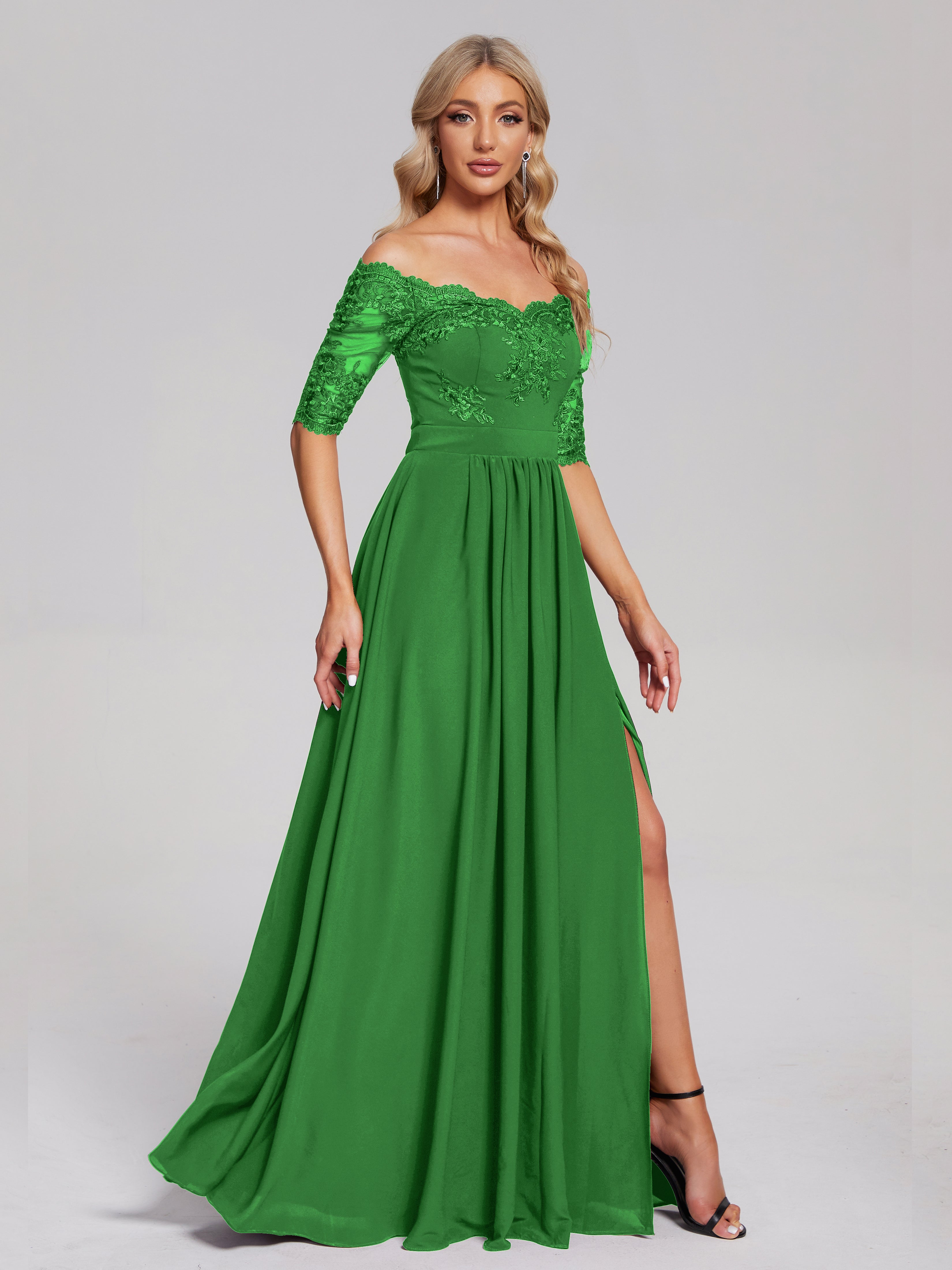 Robe Verte Demoiselle D Honneur Hors-La-Épaule Demi Manches Dentelle/Mousseline