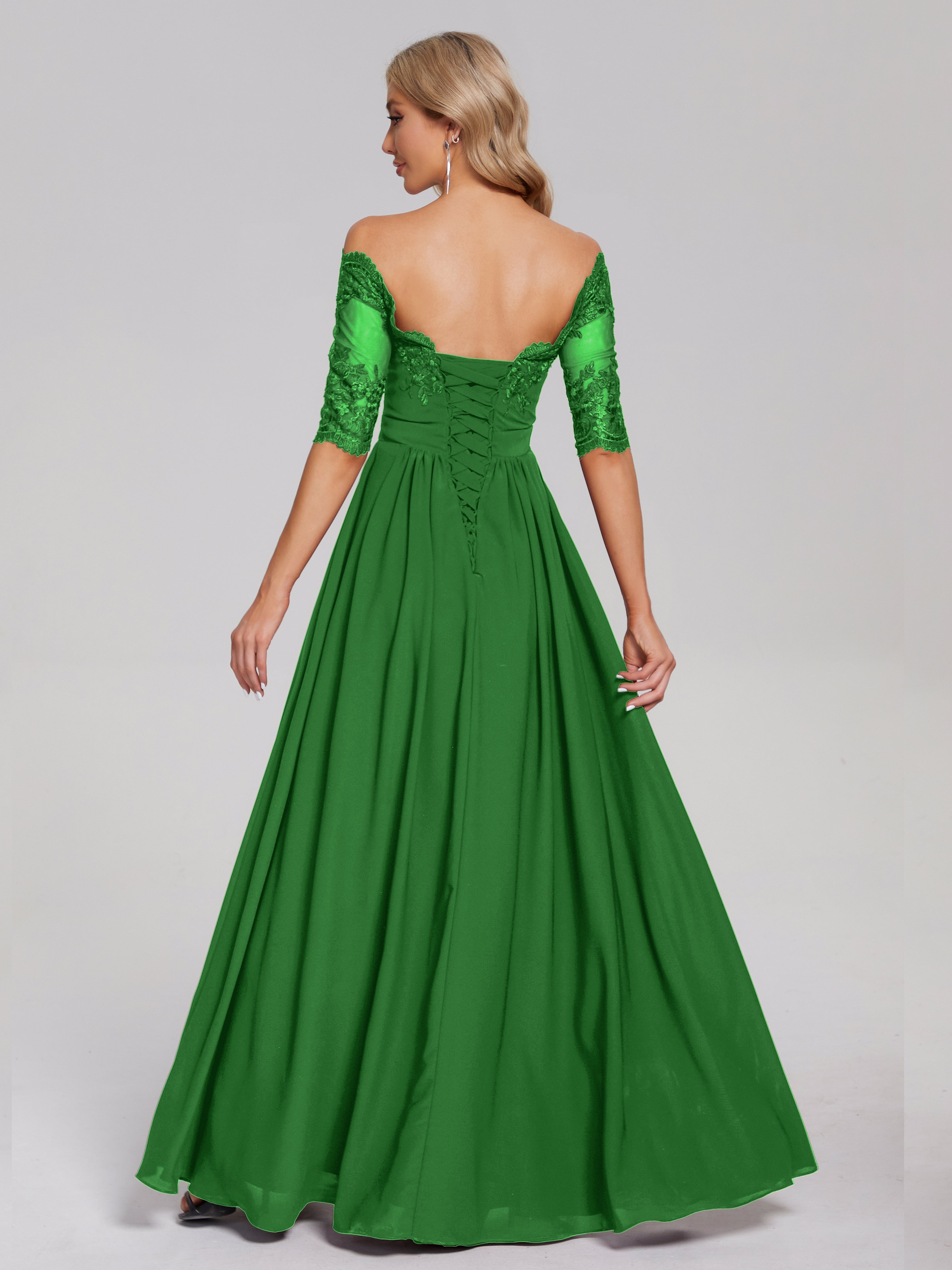 Robe Verte Demoiselle D Honneur Hors-La-Épaule Demi Manches Dentelle/Mousseline