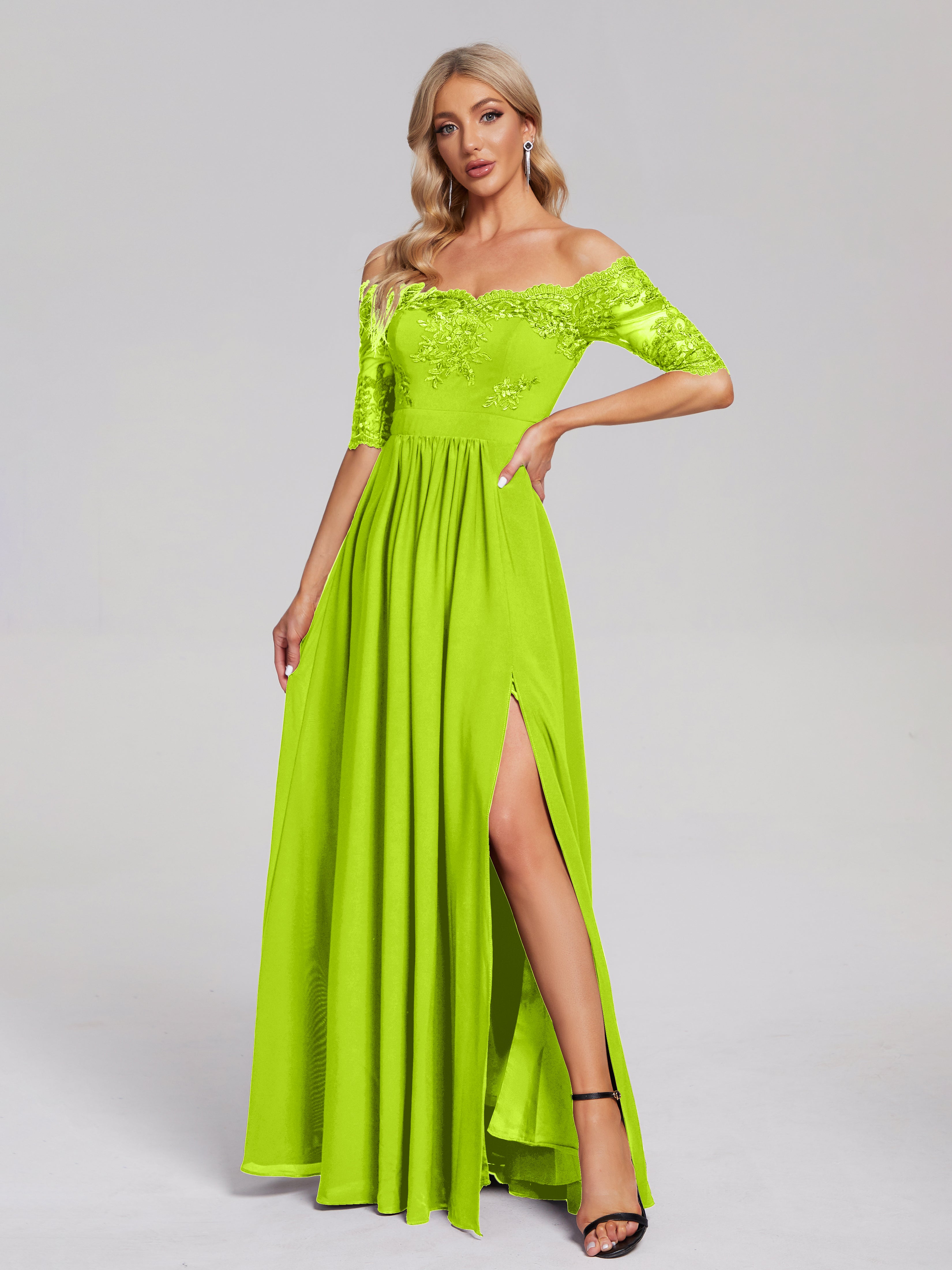Robes De Demoiselle D'Honneur Vert Citron Hors-La-Épaule Demi Manches Dentelle/Mousseline