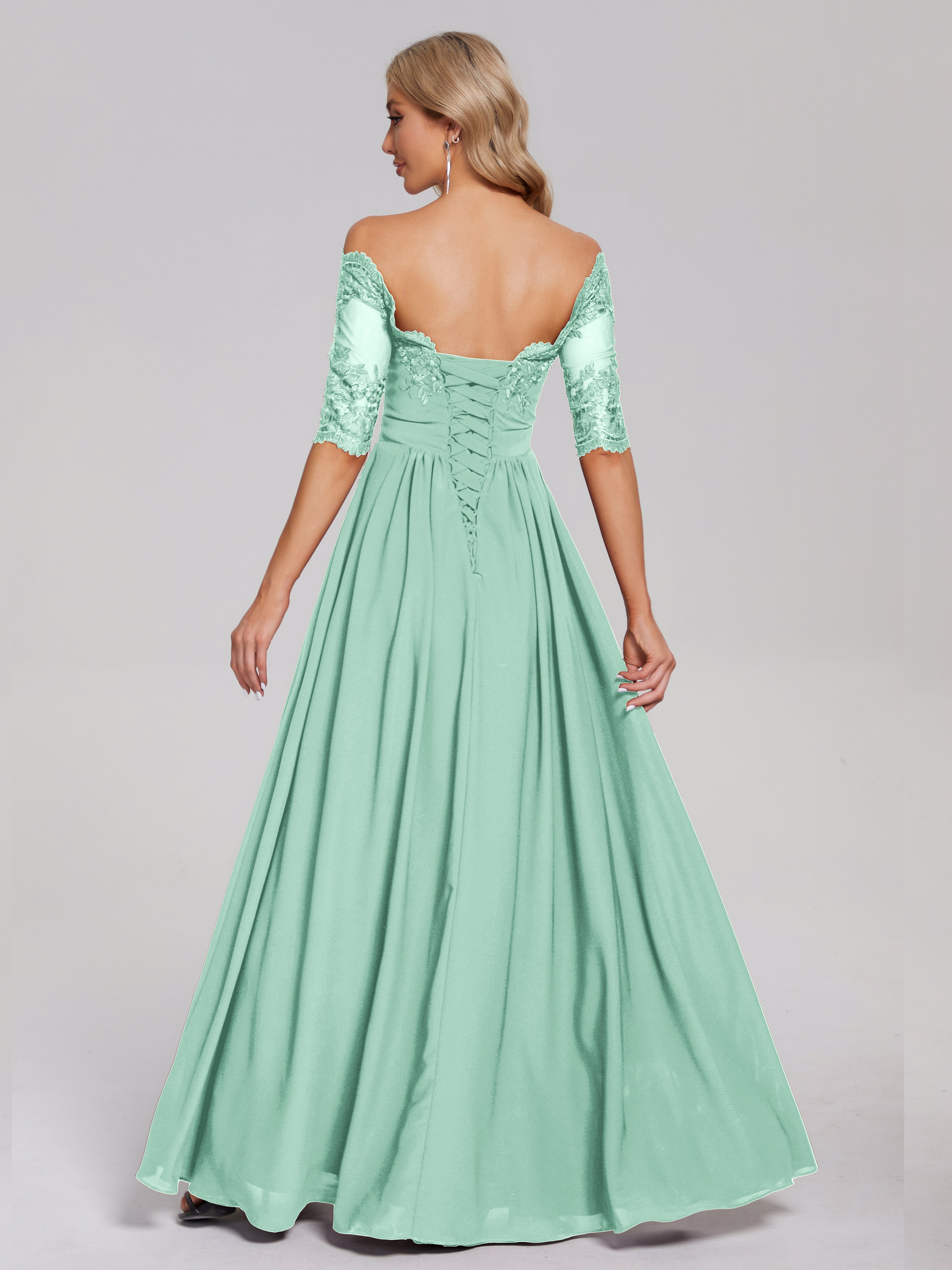 Robes De Demoiselle D'Honneur Vert Menthe Hors-La-Épaule Demi Manches Dentelle/Mousseline