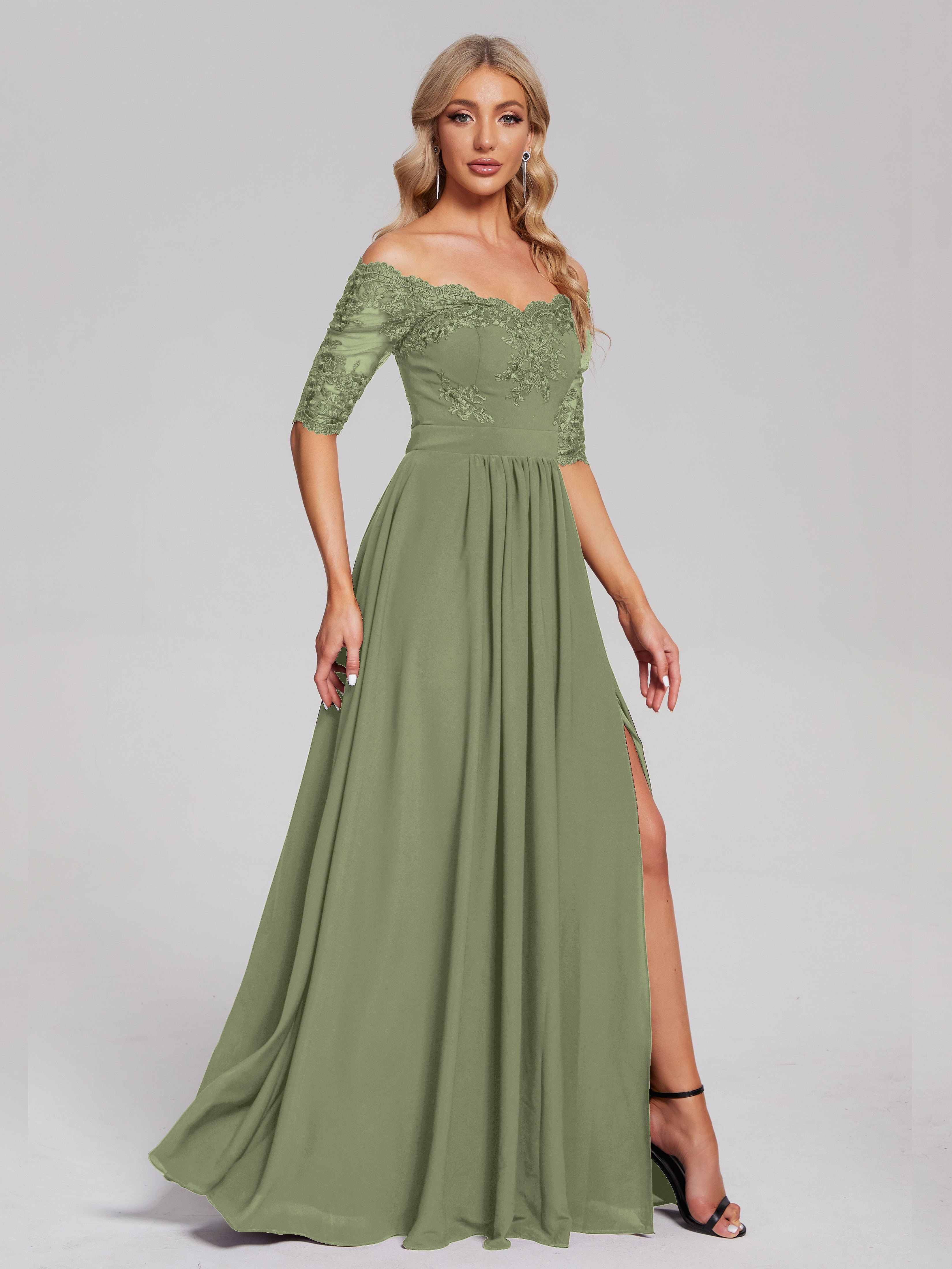 Robe Demoiselle D Honneur Olive Hors-La-Épaule Demi Manches Dentelle/Mousseline Robes Demoiselle D'Honneur