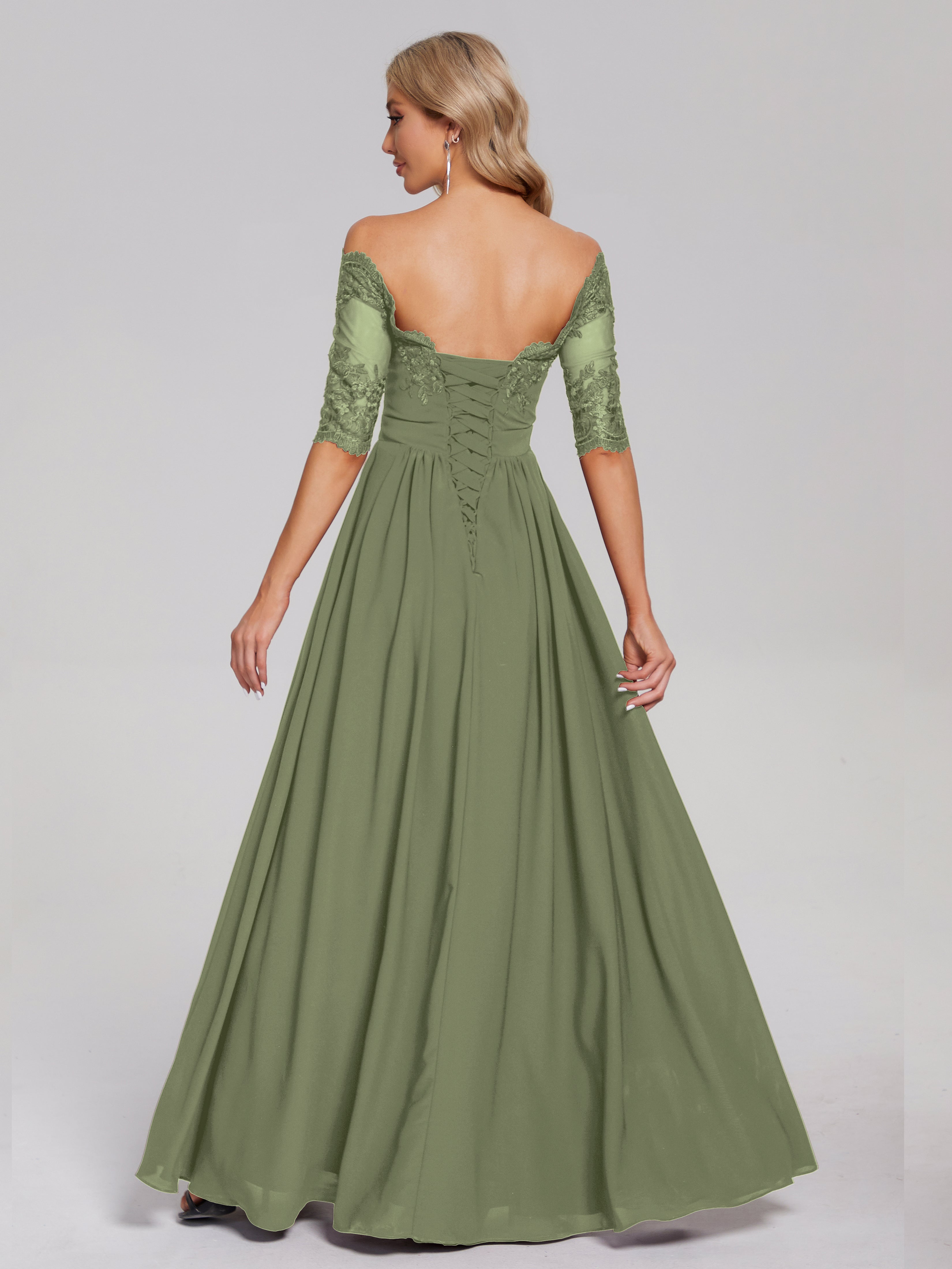 Robe Demoiselle D Honneur Olive Hors-La-Épaule Demi Manches Dentelle/Mousseline Robes Demoiselle D'Honneur