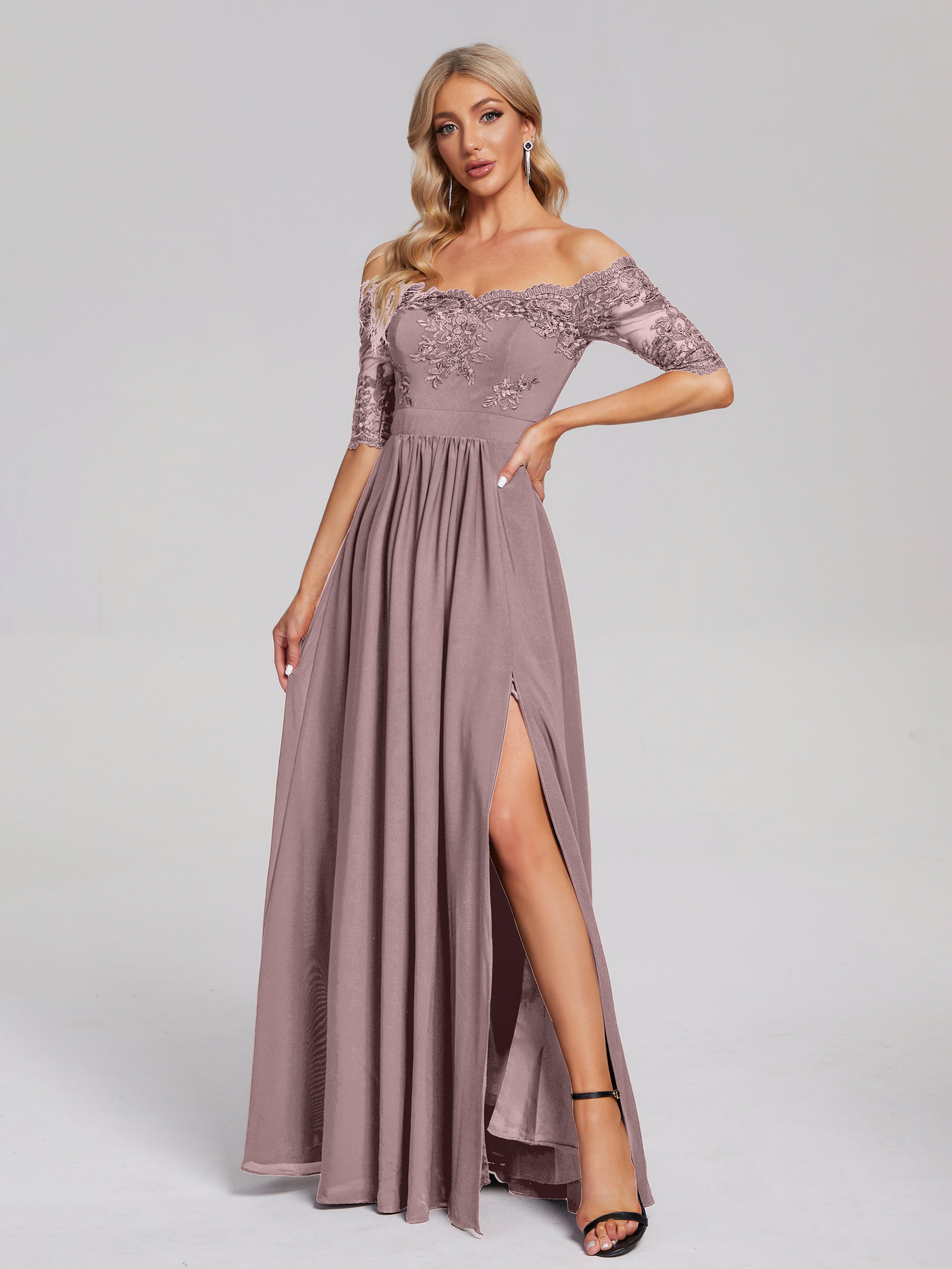 Robes De Demoiselle D'Honneur Vintage Mauve Hors-La-Épaule Demi Manches Dentelle/Mousseline