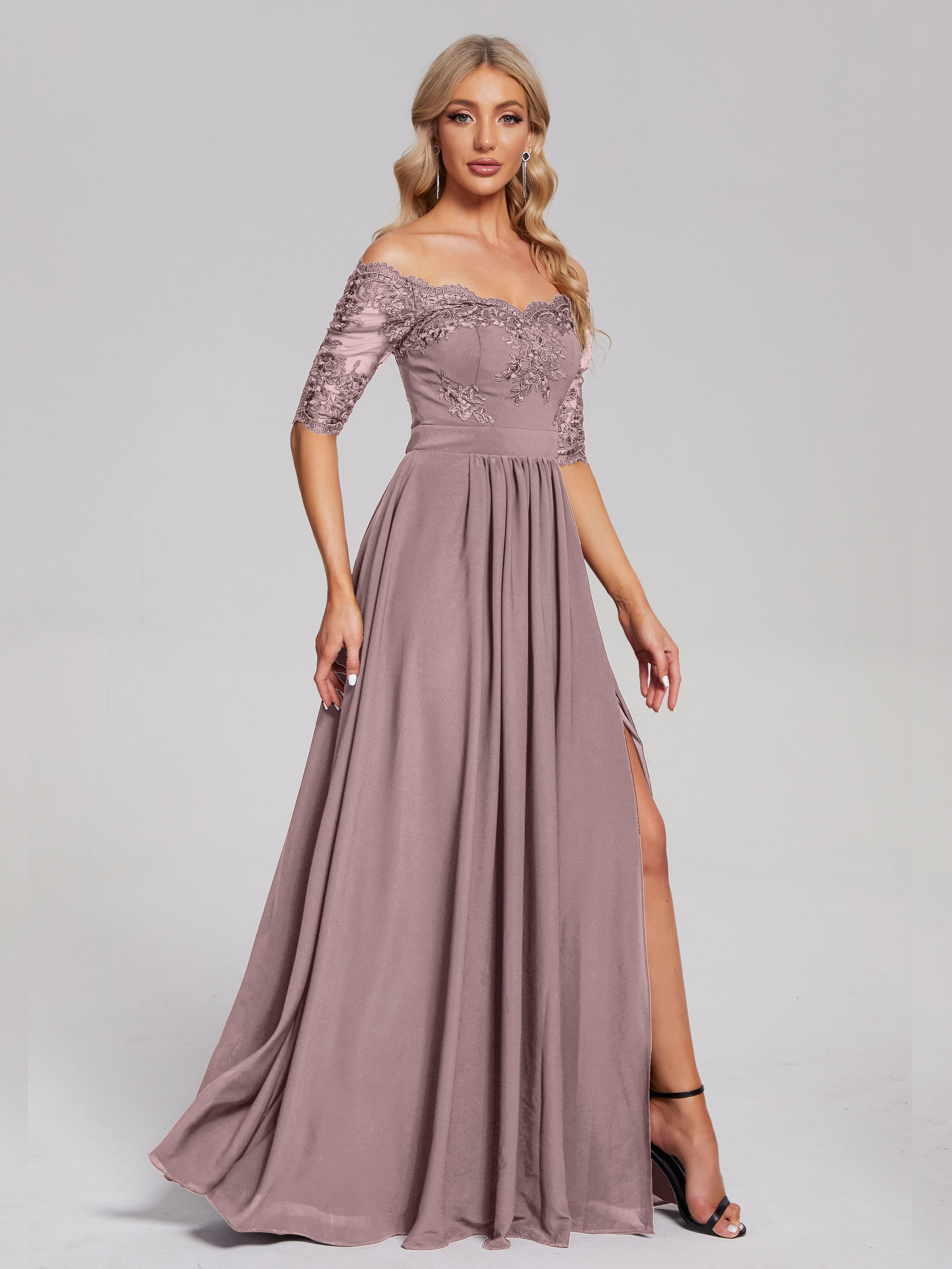 Robes De Demoiselle D'Honneur Vintage Mauve Hors-La-Épaule Demi Manches Dentelle/Mousseline