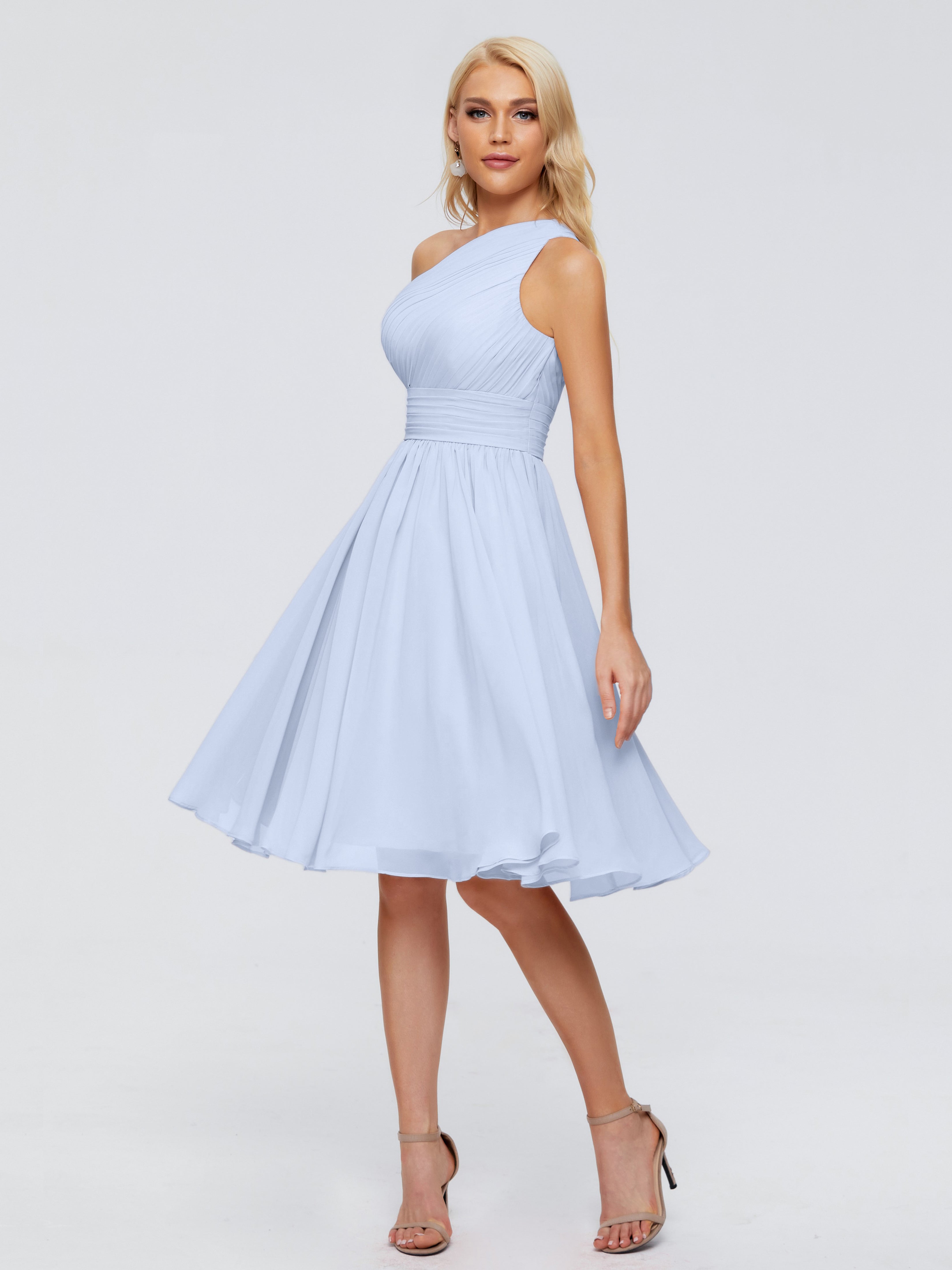 Robe De Demoiselle D Honneur Bleu Ciel Seule-Épaule Mousseline Robes Demoiselle D'Honneur