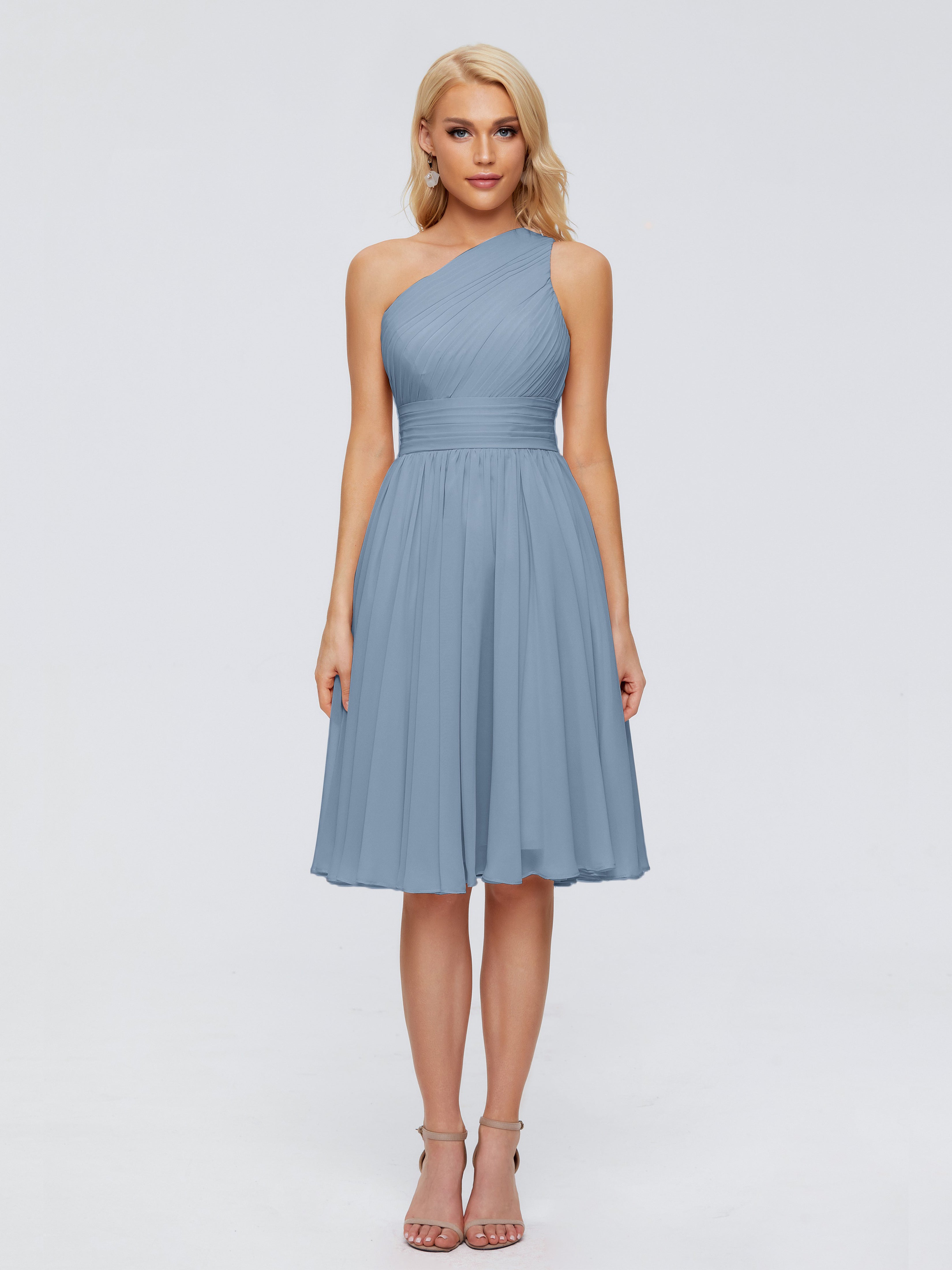 Robes De Demoiselle D'Honneur Bleu De Schiste Seule-Épaule Mousseline Robes Demoiselle D'Honneur Courte