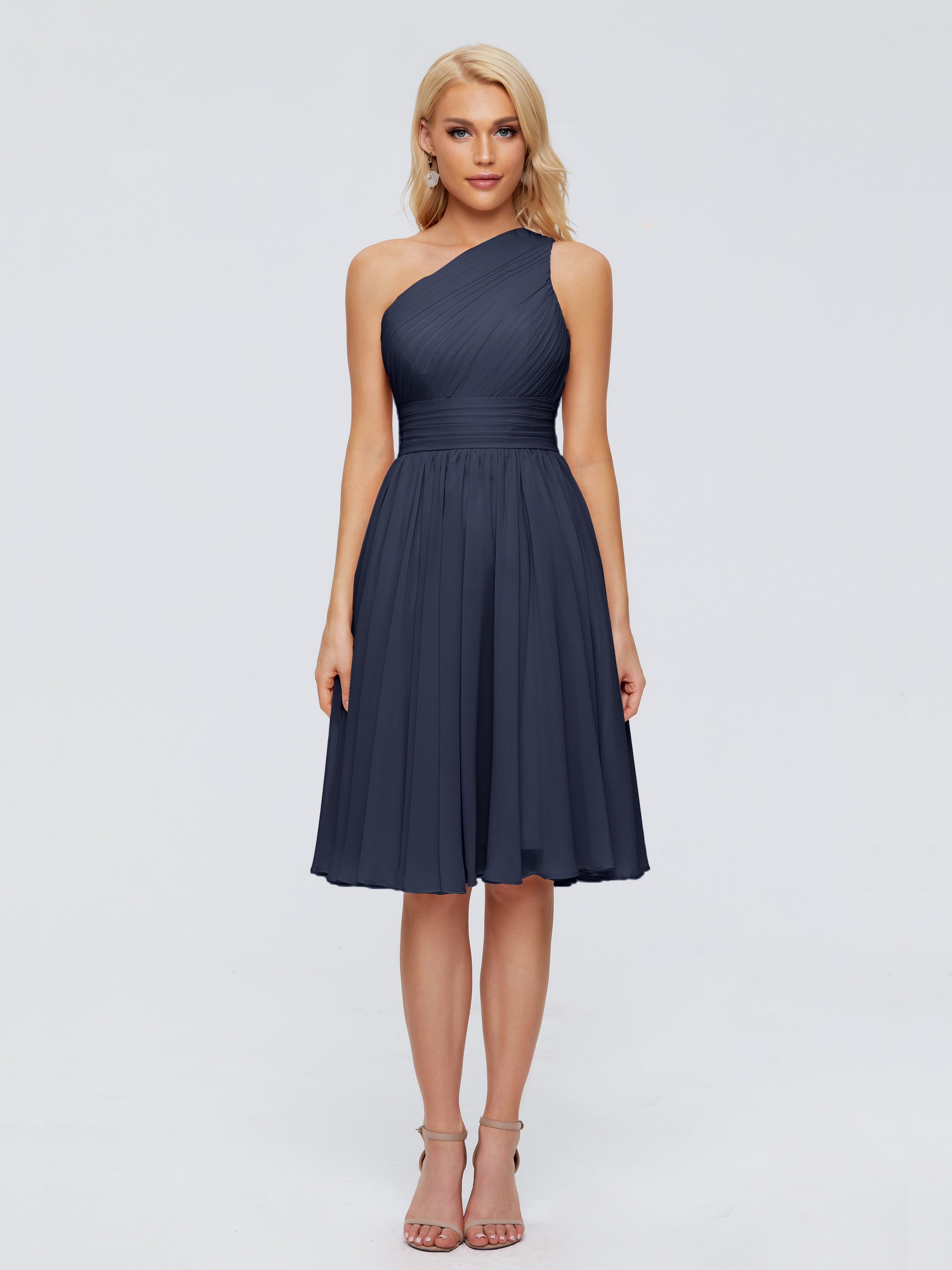 Robes De Demoiselle D'Honneur Bleu Marine Courtes Seule-Épaule Mousseline Robes Demoiselle D'Honneur
