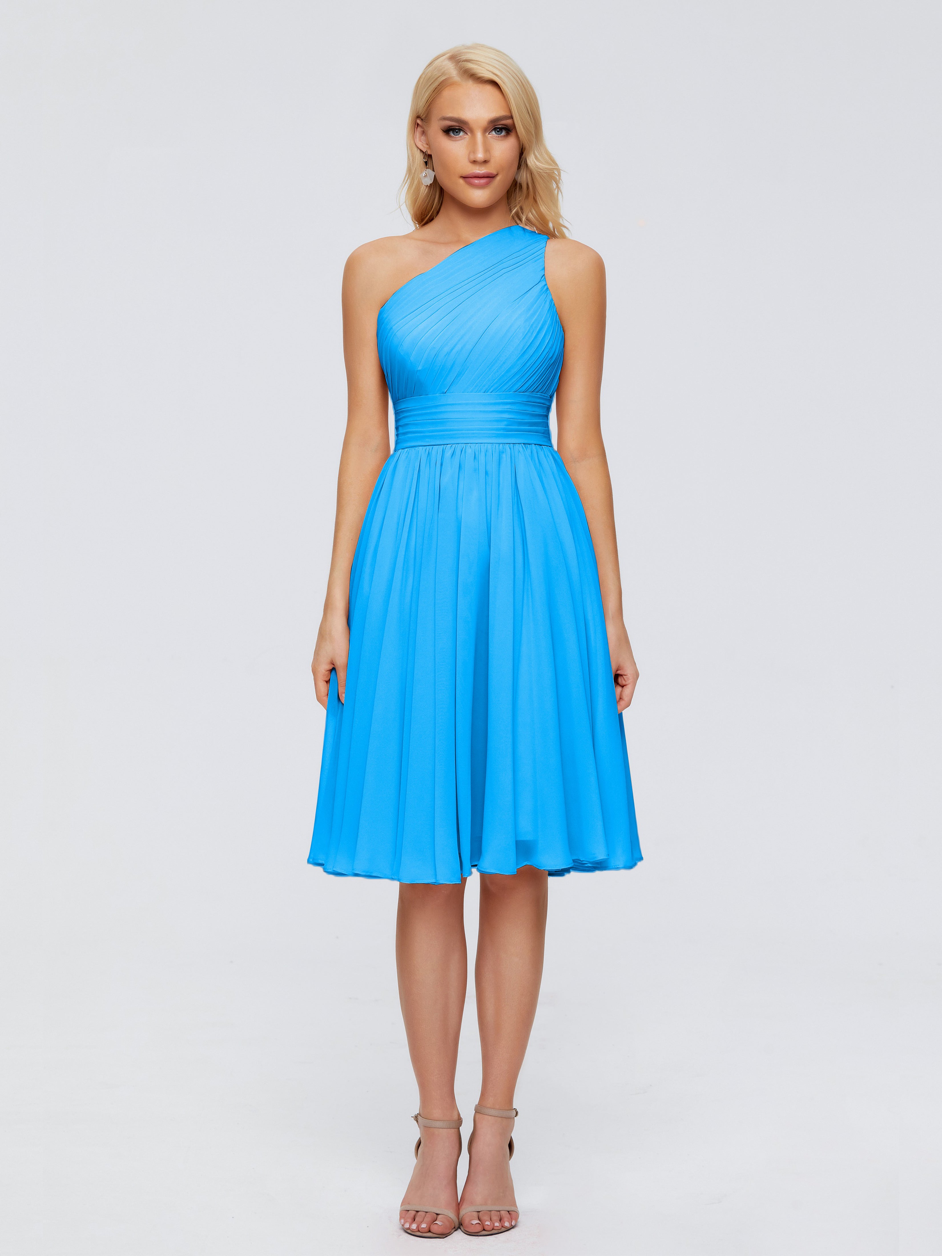 Robes De Demoiselle D'Honneur Bleu Océan Seule-Épaule Mousseline Robes Demoiselle D'Honneur Courte