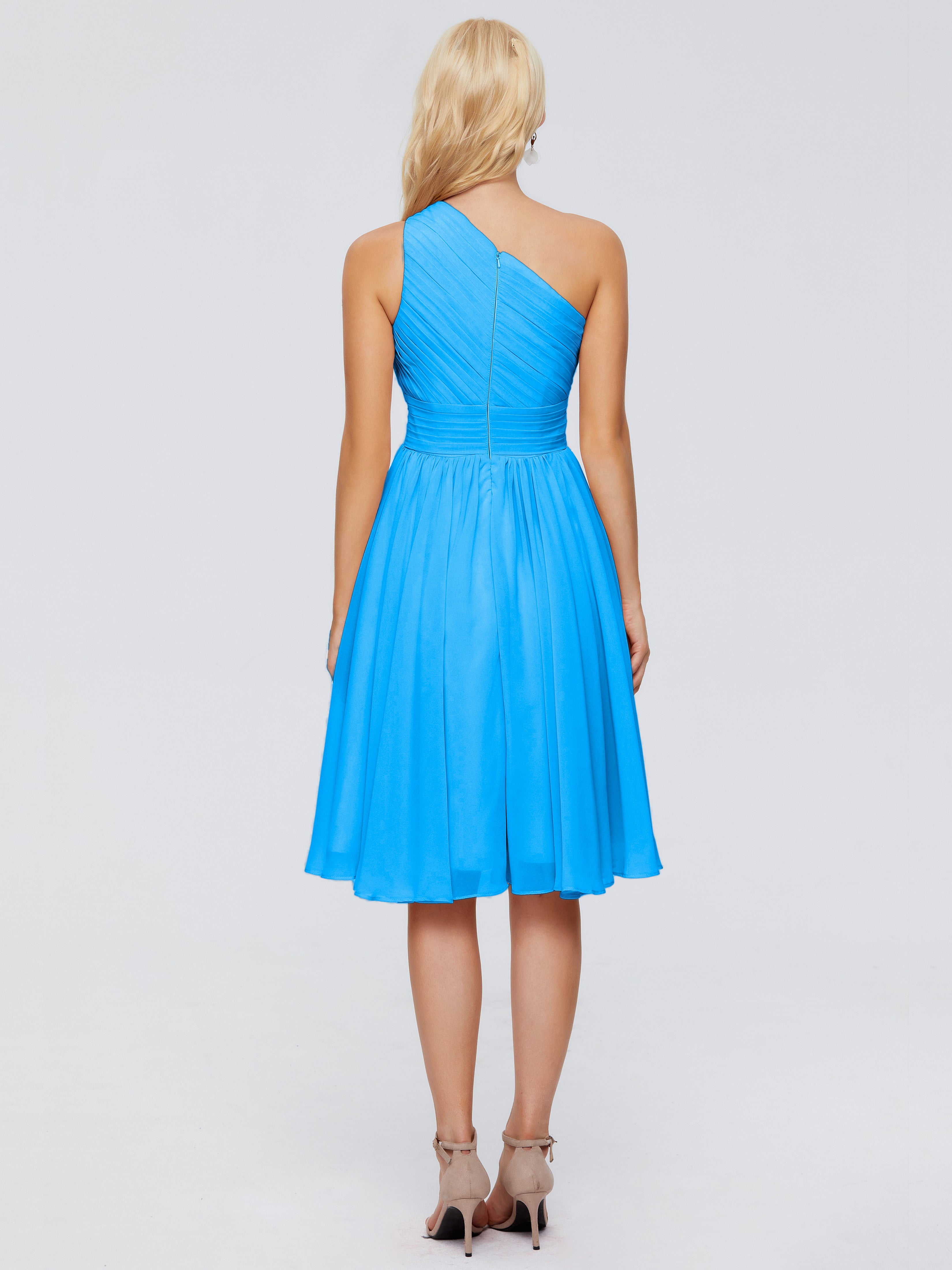 Robes De Demoiselle D'Honneur Bleu Océan Seule-Épaule Mousseline Robes Demoiselle D'Honneur Courte