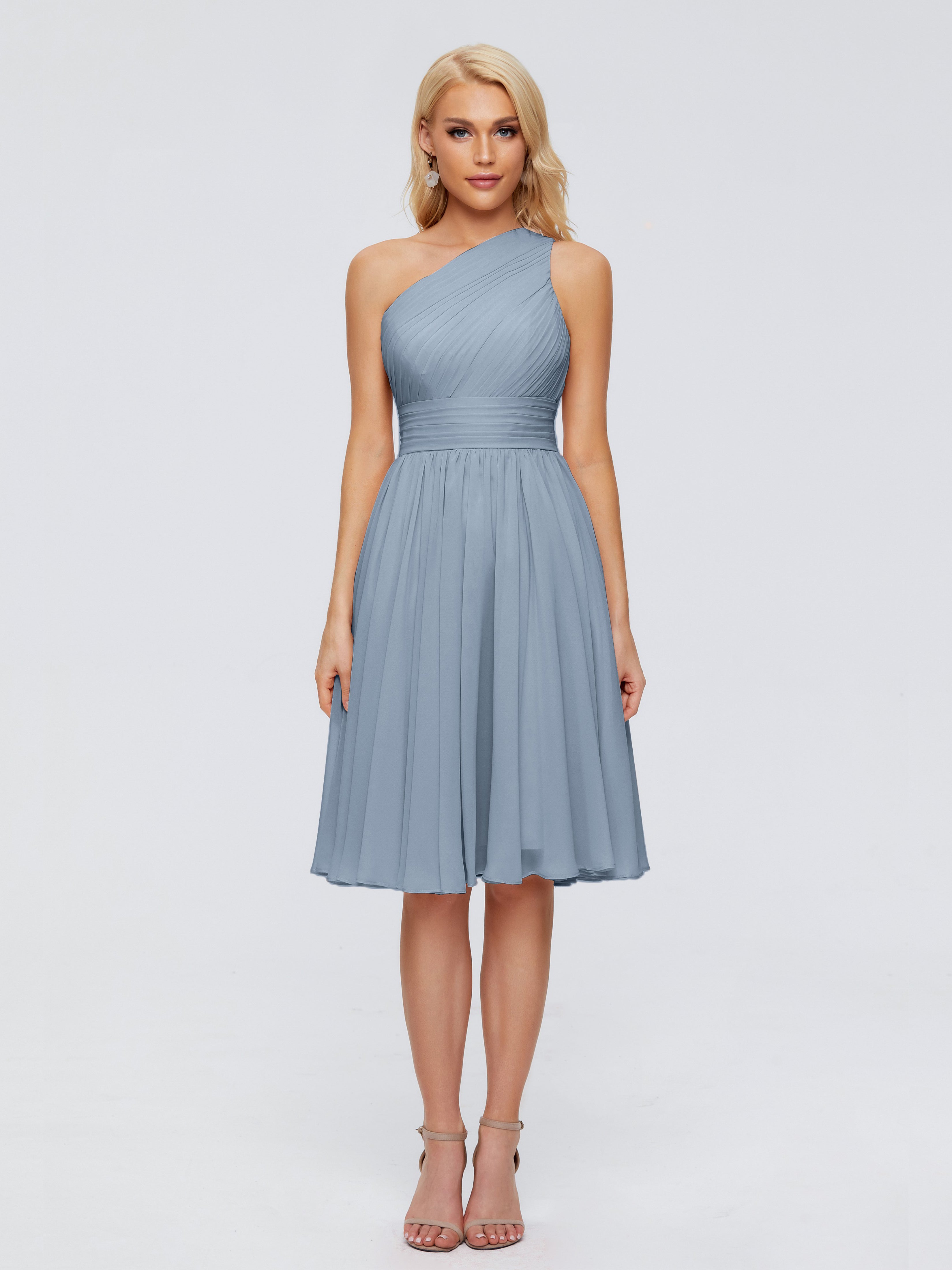 Robes De Demoiselle D'Honneur Bleu Poudre Seule-Épaule Mousseline Robes Demoiselle D'Honneur