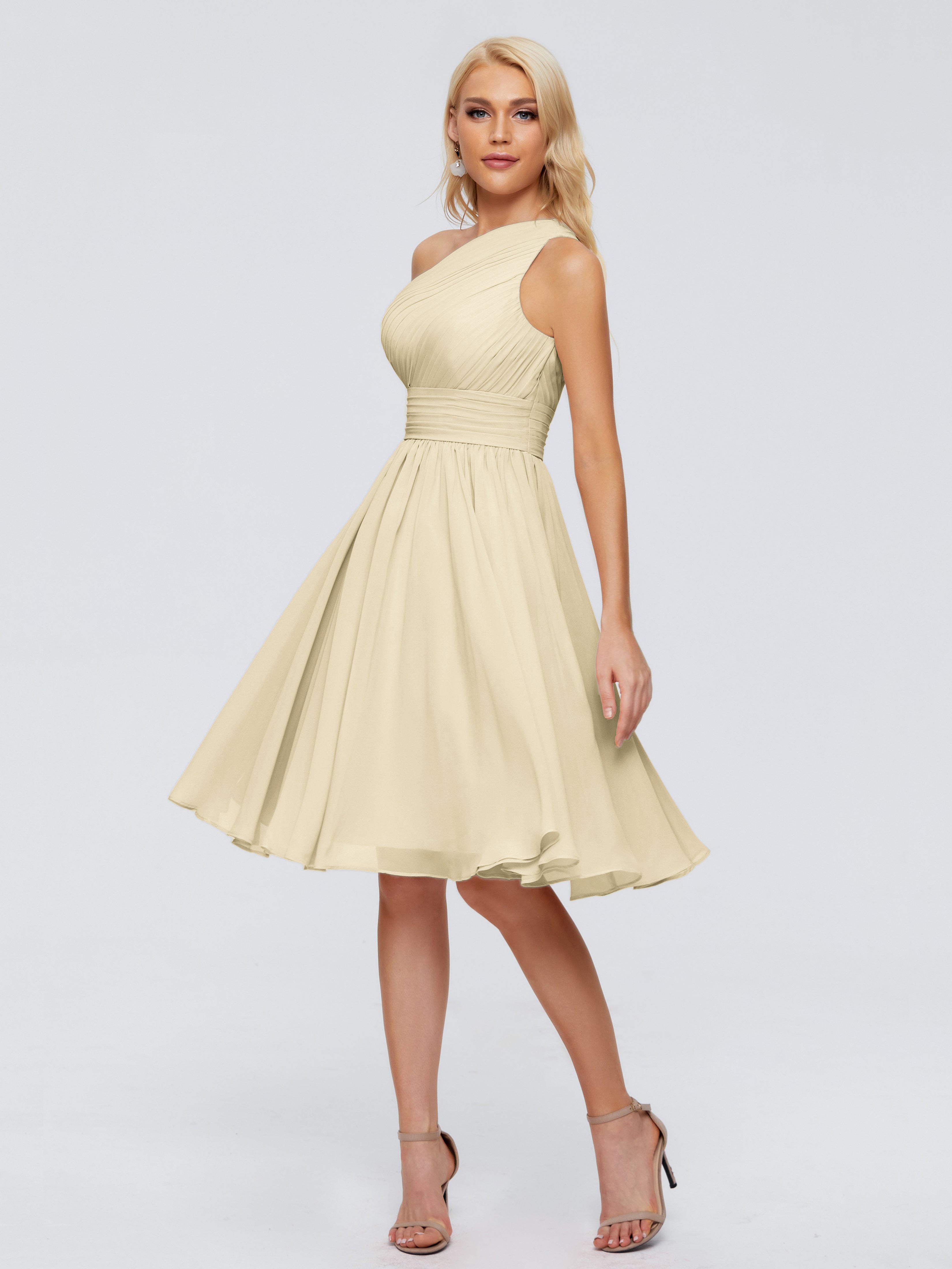 Robe De Demoiselle D Honneur Champagne Seule-Épaule Mousseline Robes Demoiselle D'Honneur
