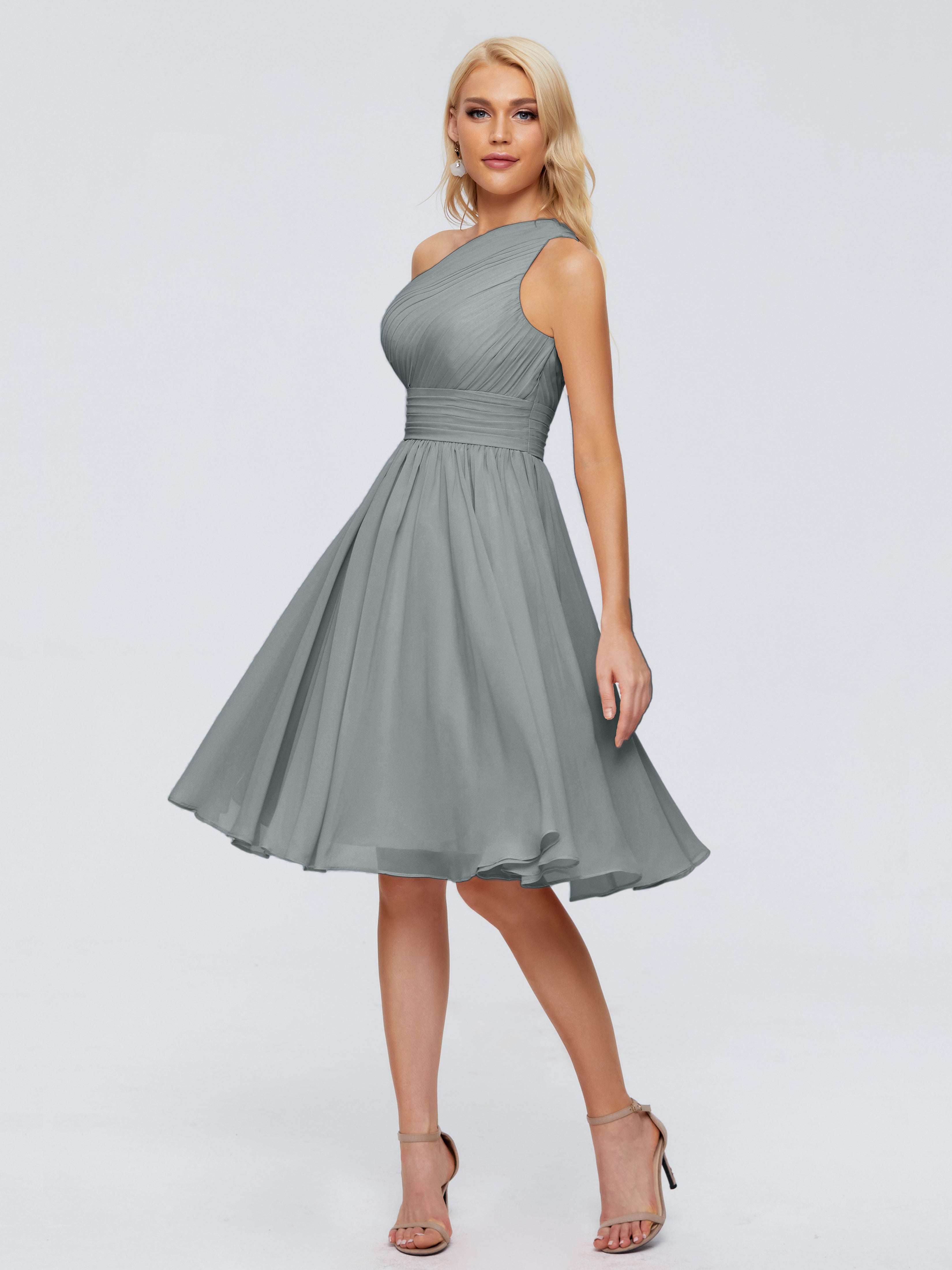 Robe De Demoiselle D Honneur Grise Seule-Épaule Mousseline Robes Demoiselle D'Honneur