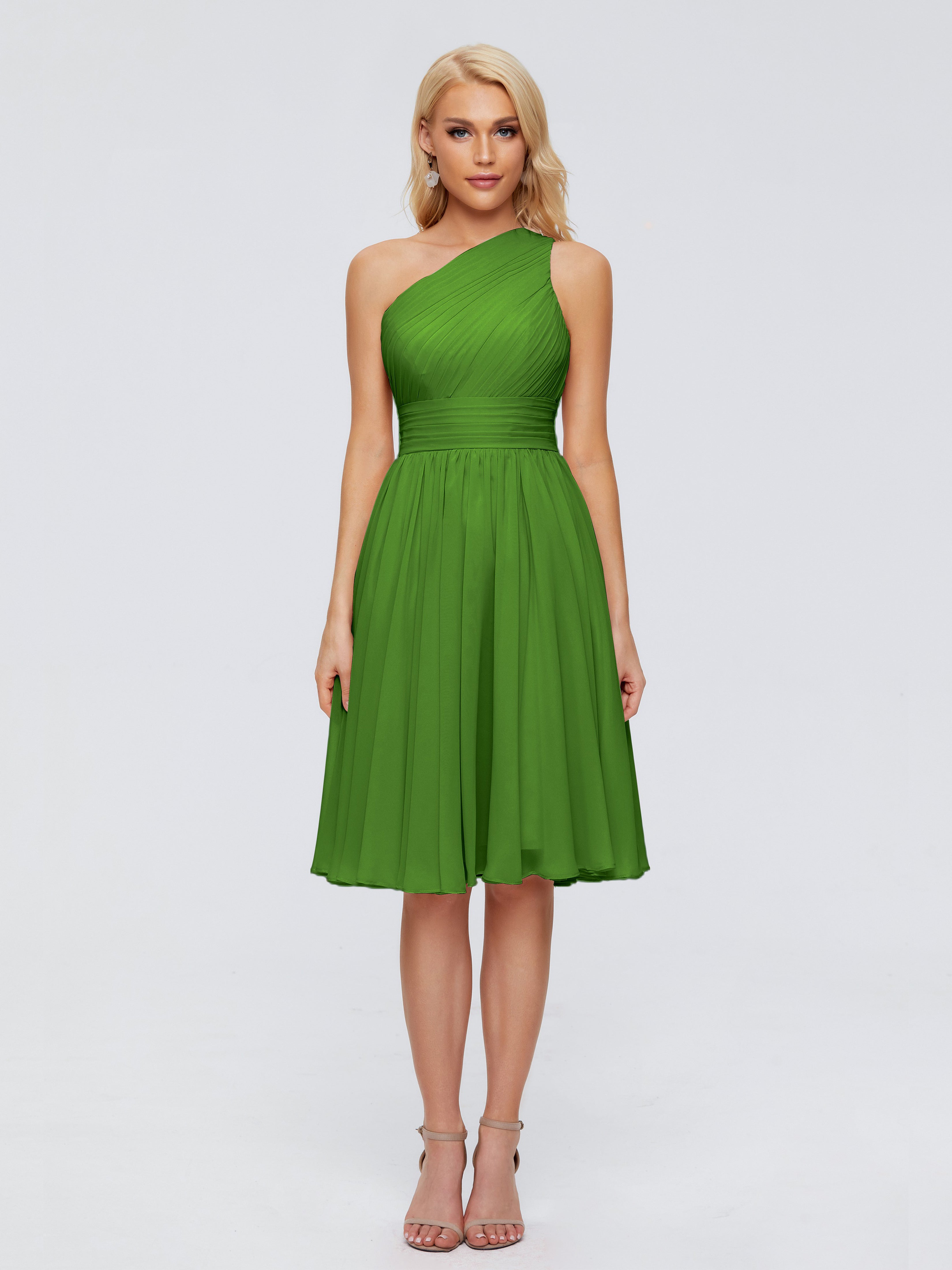 Robes De Demoiselle D'Honneur Vert Mousse Seule-Épaule Mousseline Robes Demoiselle D'Honneur Courte