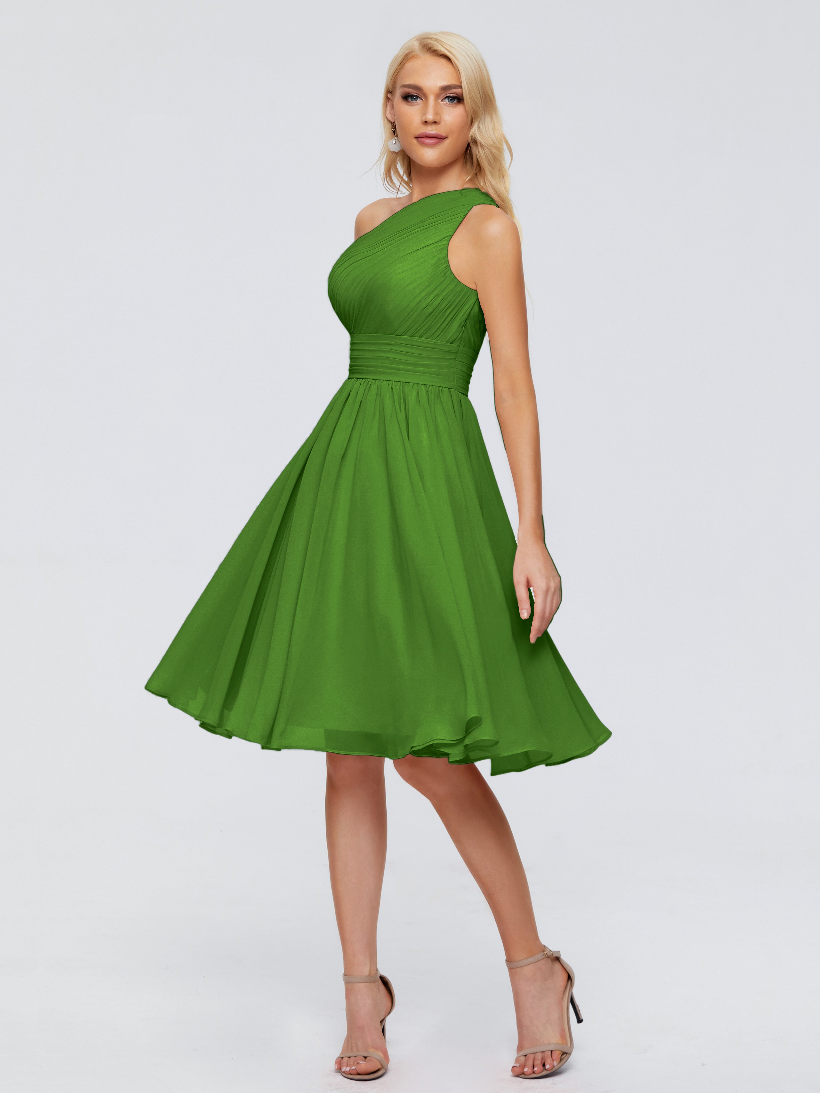 Robes De Demoiselle D'Honneur Vert Mousse Seule-Épaule Mousseline Robes Demoiselle D'Honneur Courte