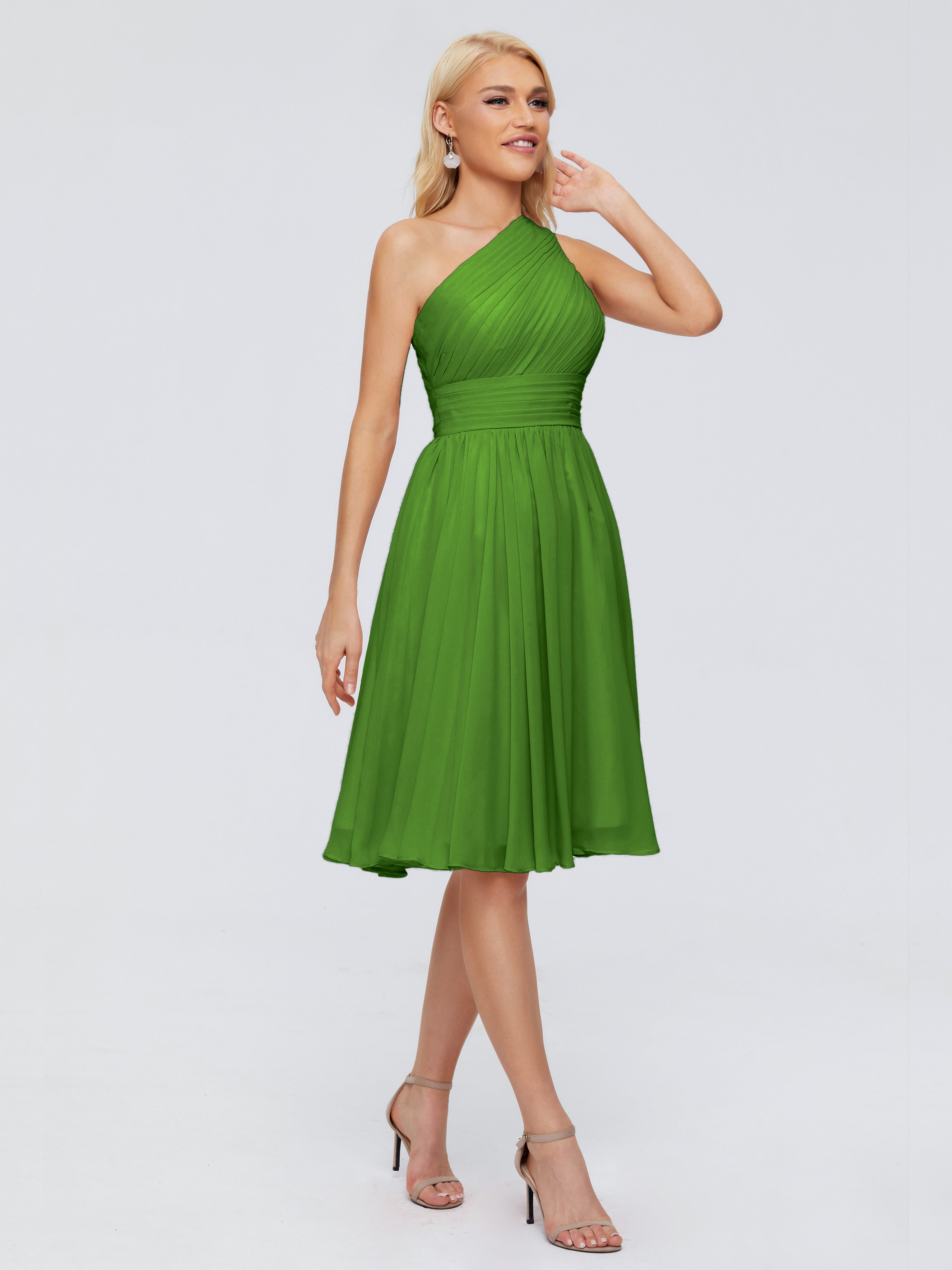 Robes De Demoiselle D'Honneur Vert Mousse Seule-Épaule Mousseline Robes Demoiselle D'Honneur Courte