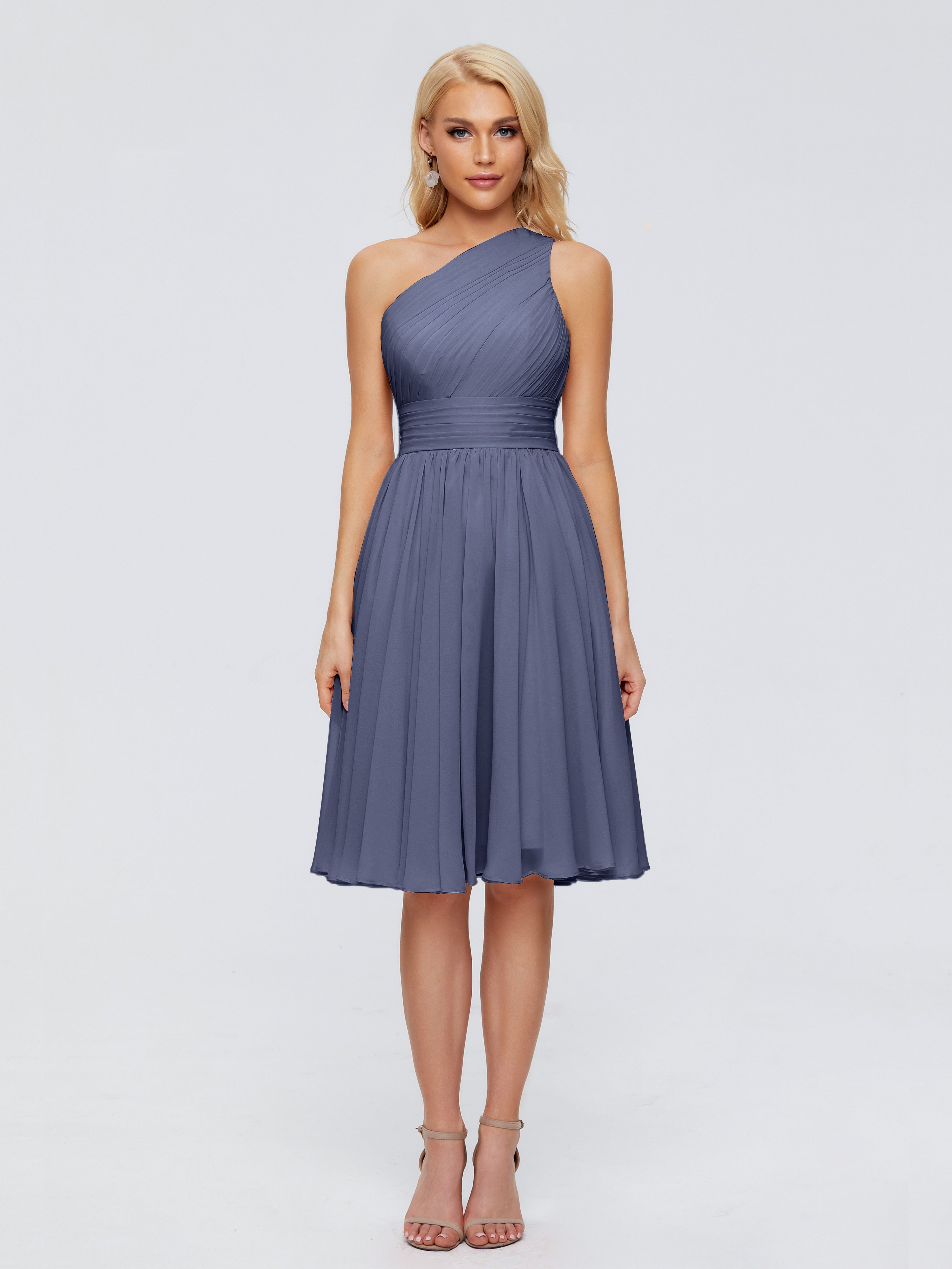 Robes De Demoiselle D'Honneur Bleu Orageux Seule-Épaule Mousseline Robes Demoiselle D'Honneur Courte