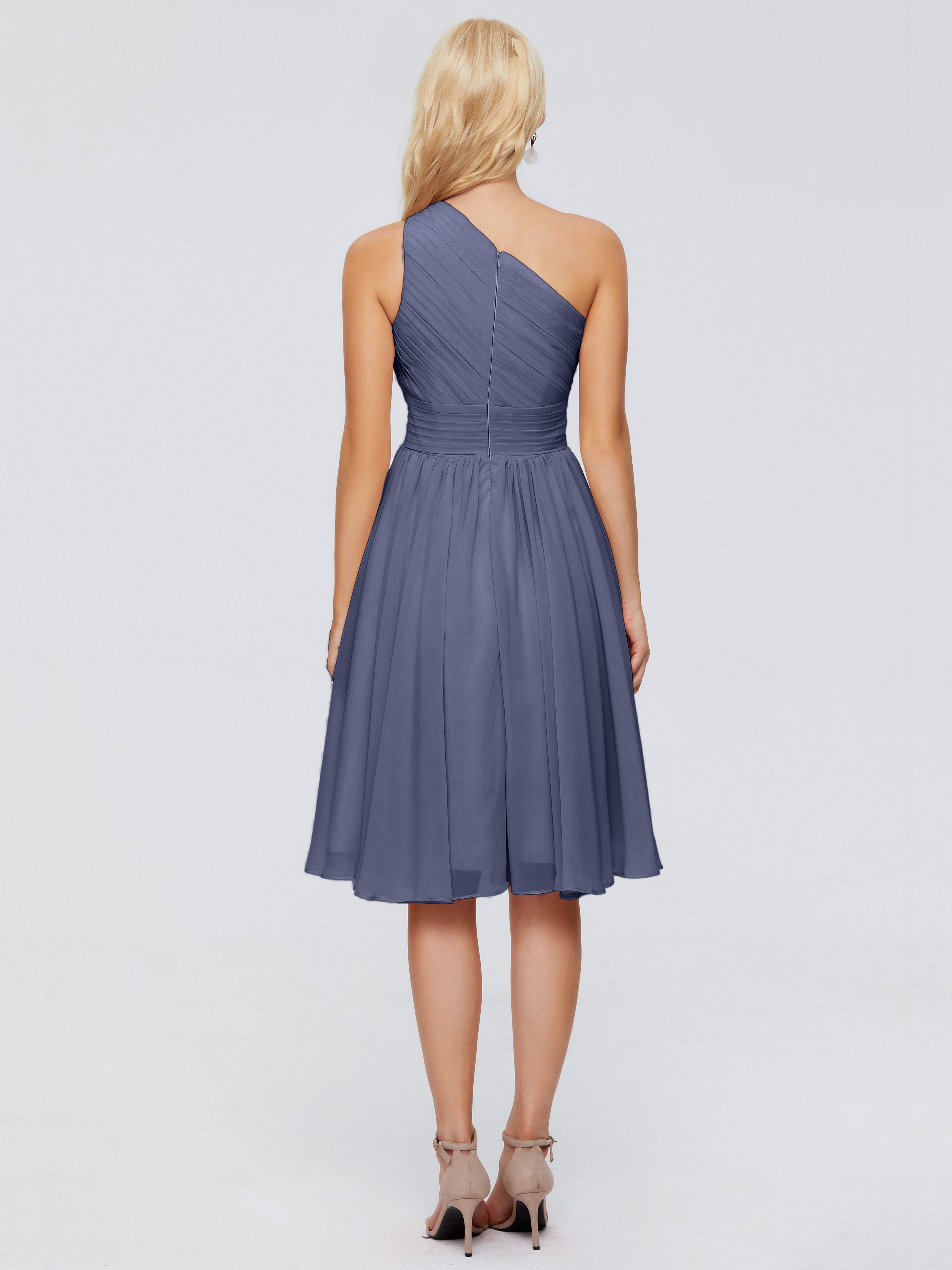 Robes De Demoiselle D'Honneur Bleu Orageux Seule-Épaule Mousseline Robes Demoiselle D'Honneur Courte