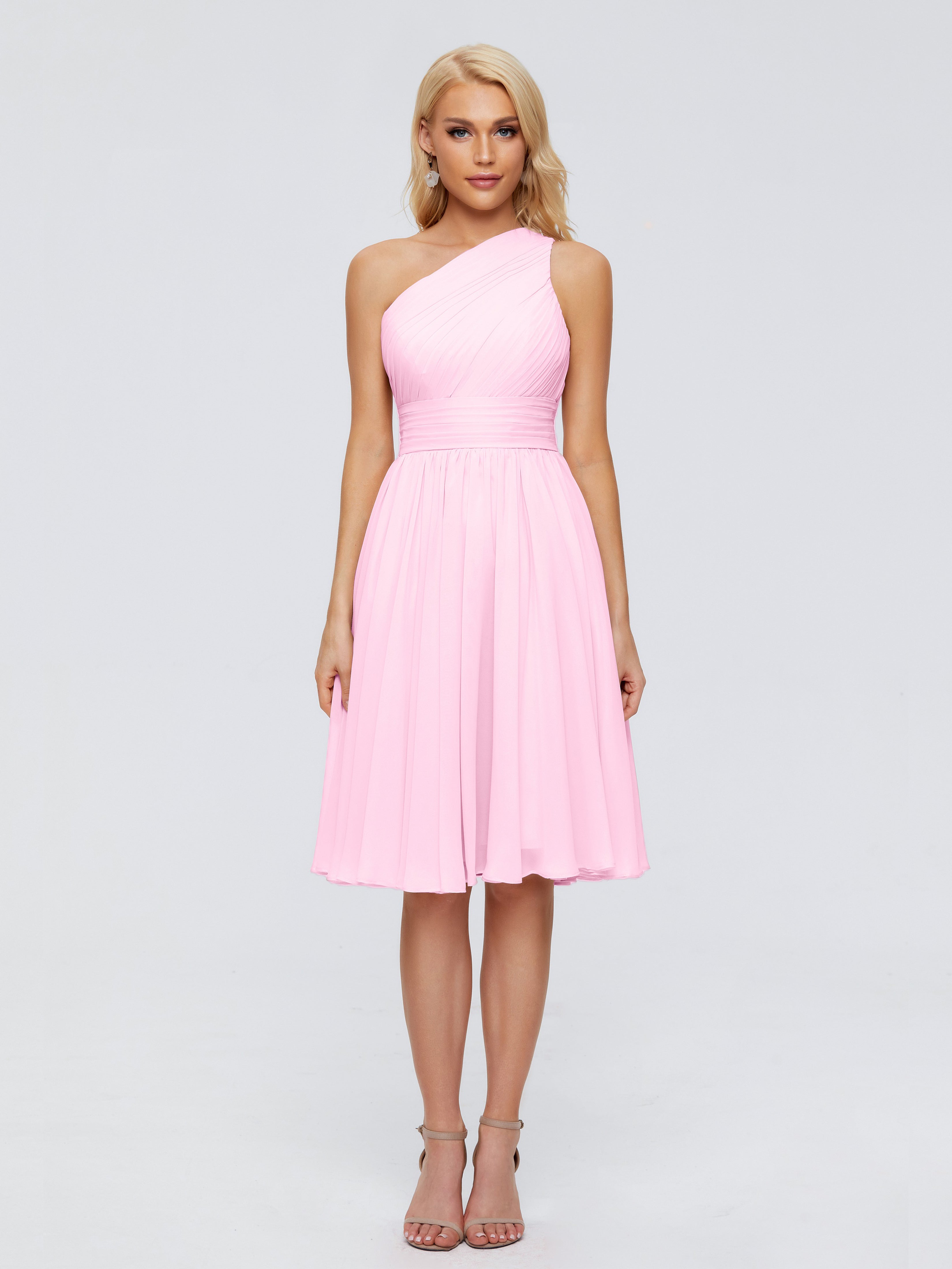 Robe Demoiselle D Honneur Rose Bonbon Seule-Épaule Mousseline Robes Demoiselle D'Honneur Courte