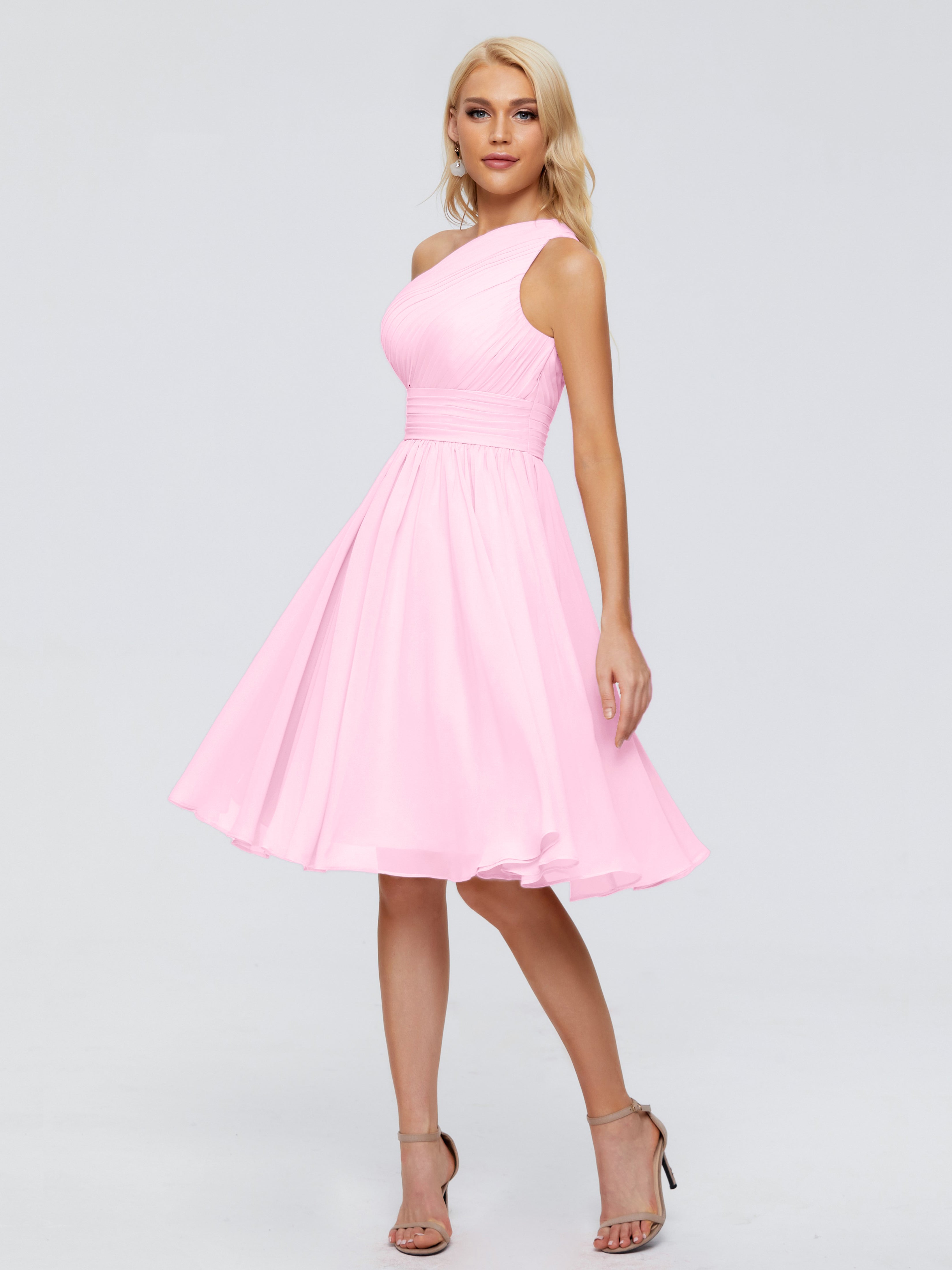 Robe Demoiselle D Honneur Rose Bonbon Seule-Épaule Mousseline Robes Demoiselle D'Honneur Courte