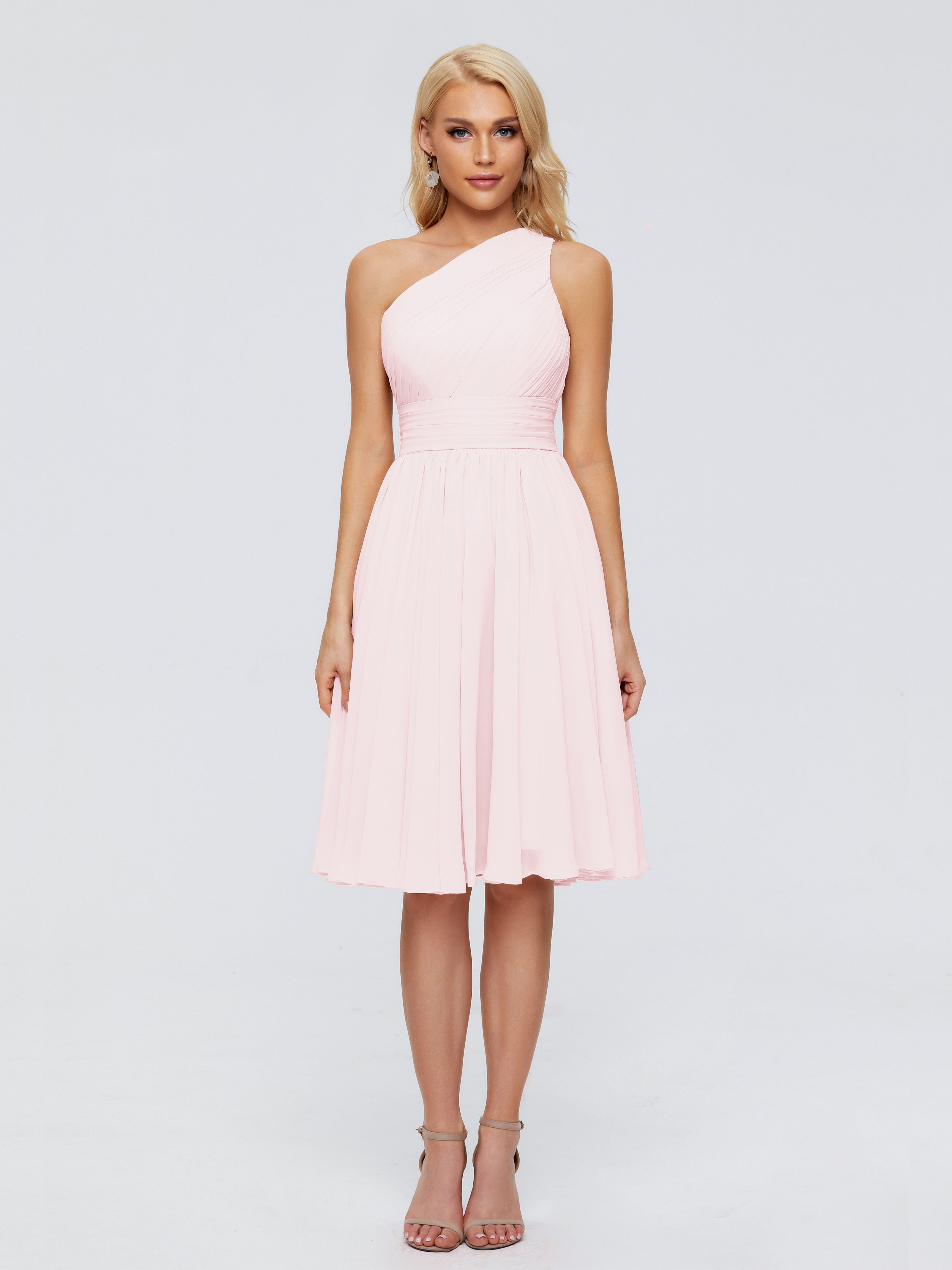 Robe Demoiselle D Honneur Rose Pale Courte Seule-Épaule Mousseline Robes Demoiselle D'Honneur Courte