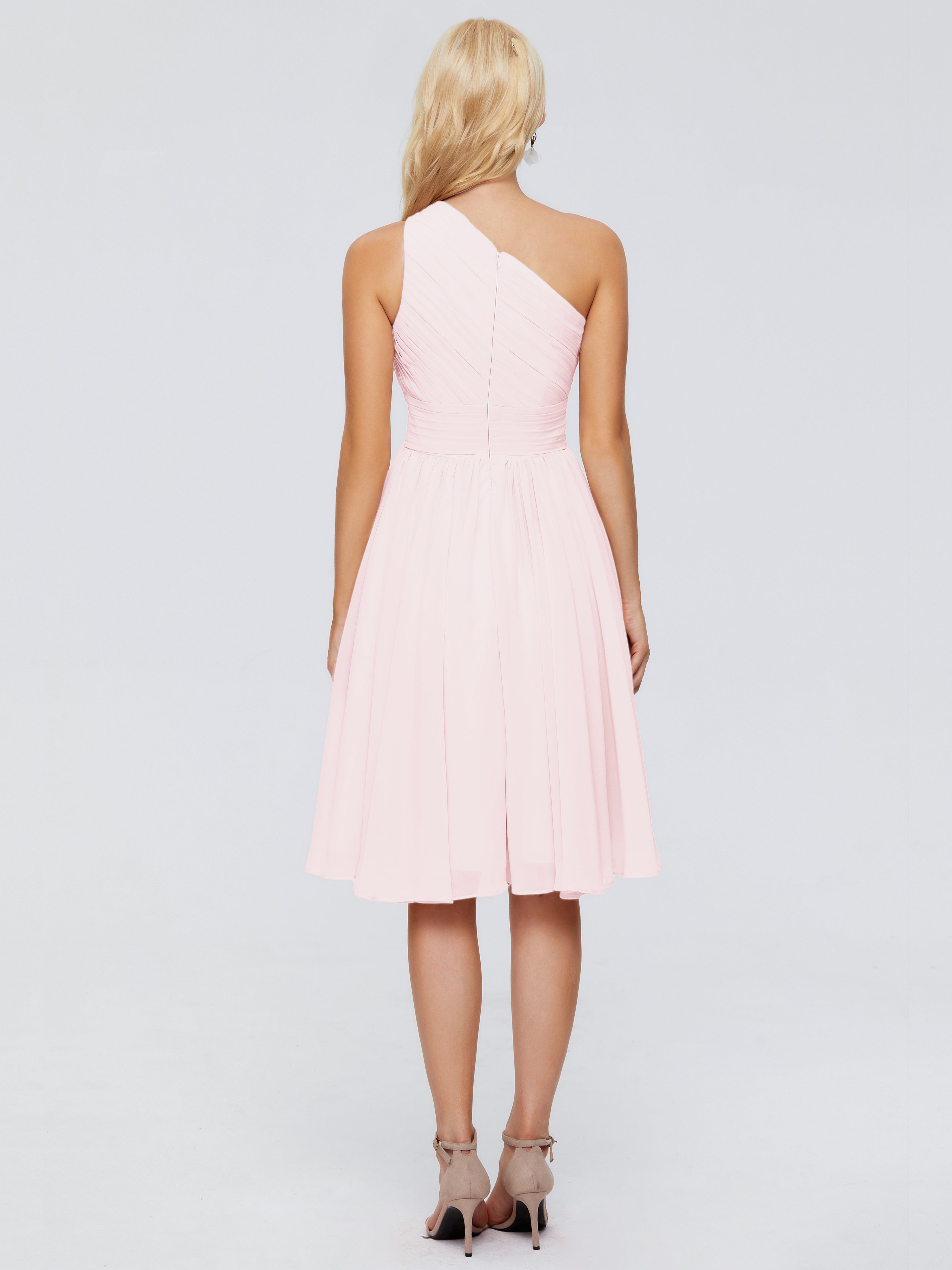 Robe Demoiselle D Honneur Rose Pale Courte Seule-Épaule Mousseline Robes Demoiselle D'Honneur Courte