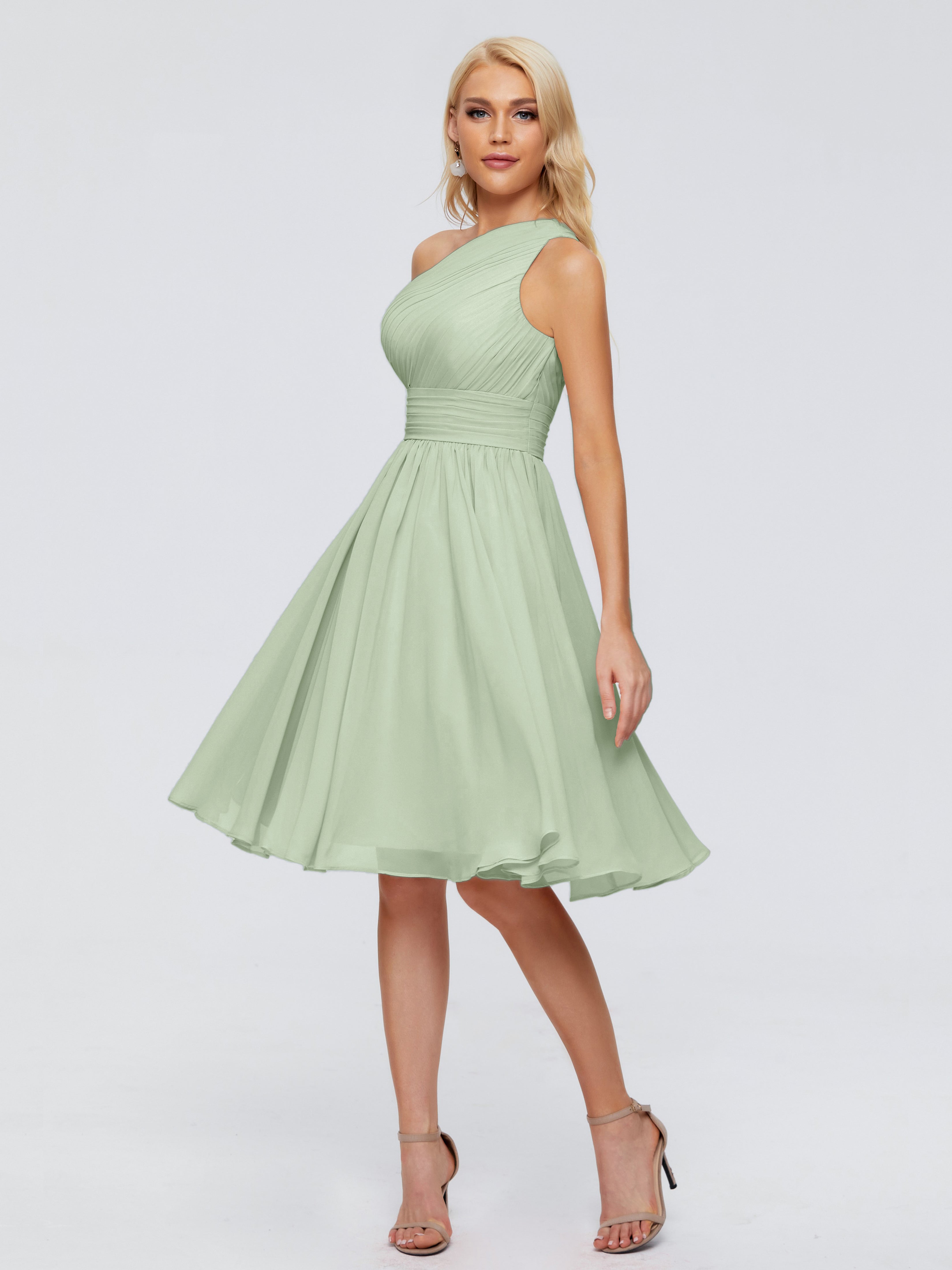 Longues Robes De Demoiselle D'Honneur De Sauge Poussiéreuse Seule-Épaule Mousseline Robes Demoiselle D'Honneur
