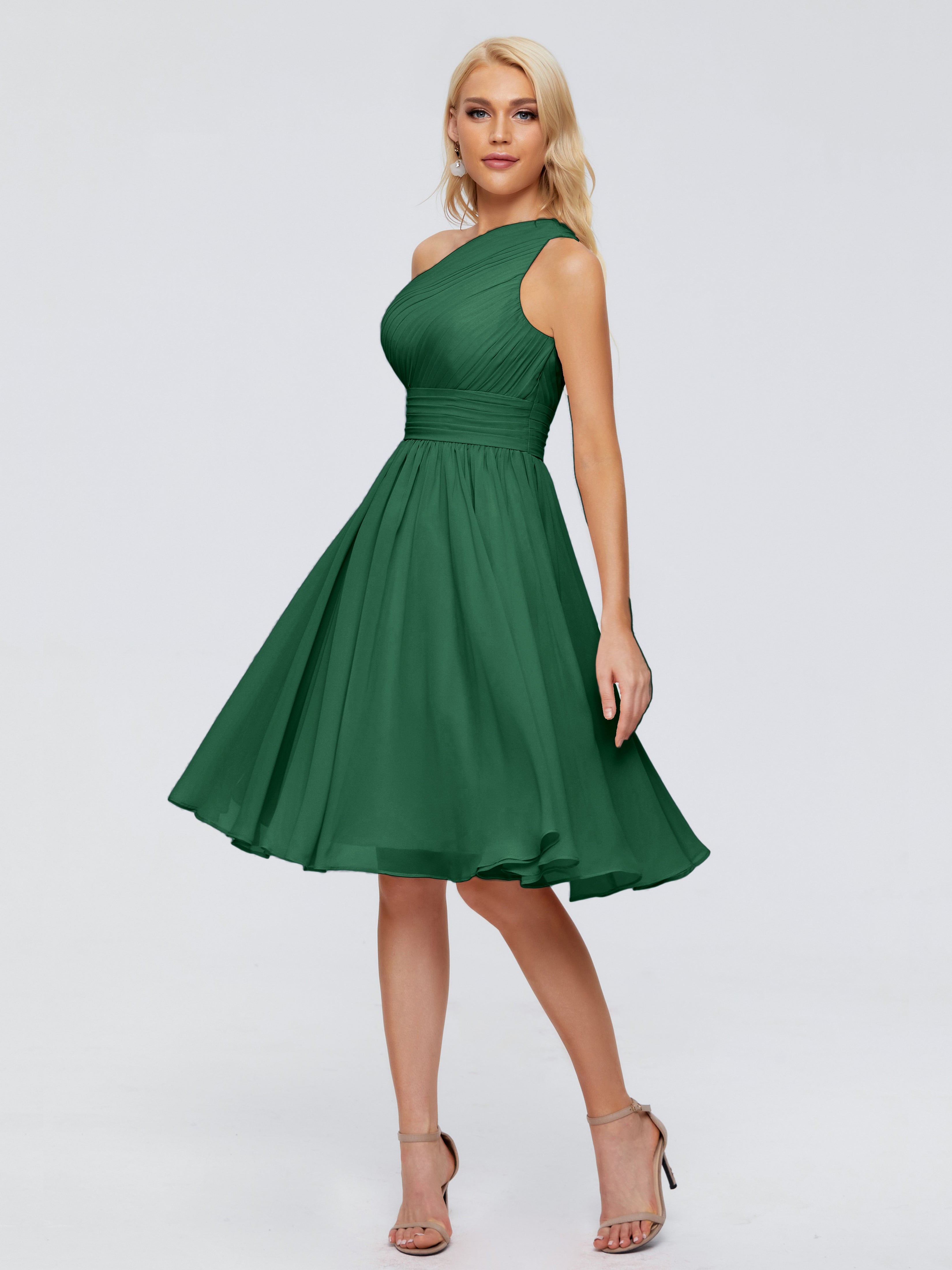Robes De Demoiselle D'Honneur Vert Foncé Seule-Épaule Mousseline Robes Demoiselle D'Honneur