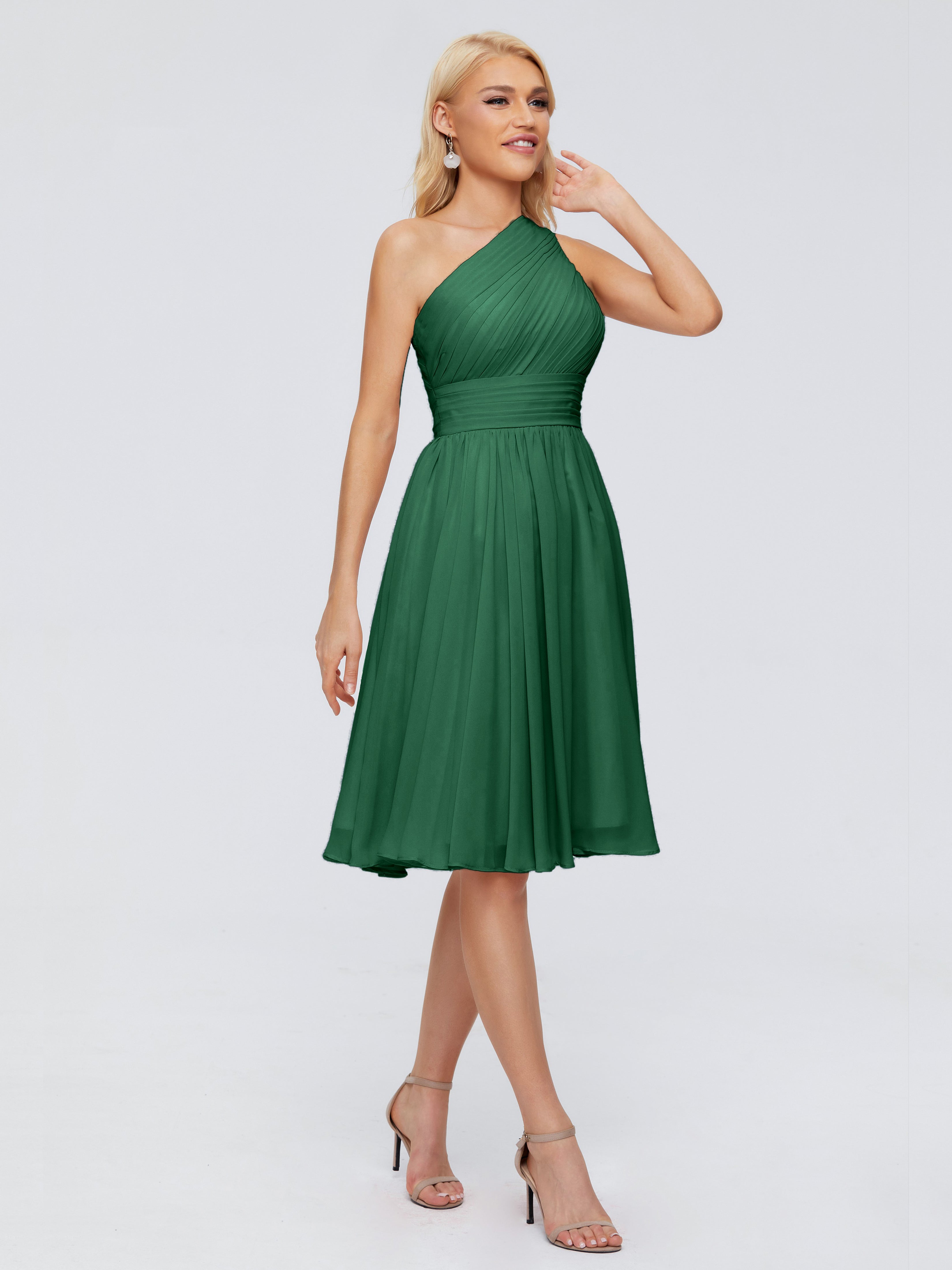 Robes De Demoiselle D'Honneur Vert Foncé Seule-Épaule Mousseline Robes Demoiselle D'Honneur