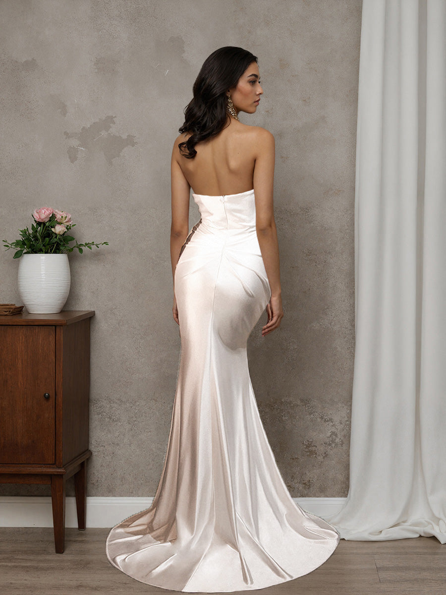 Cicinia Robe de Mariée Longue Fourreau Ivoire sans Bretelles Fente avec Traîne Balayée